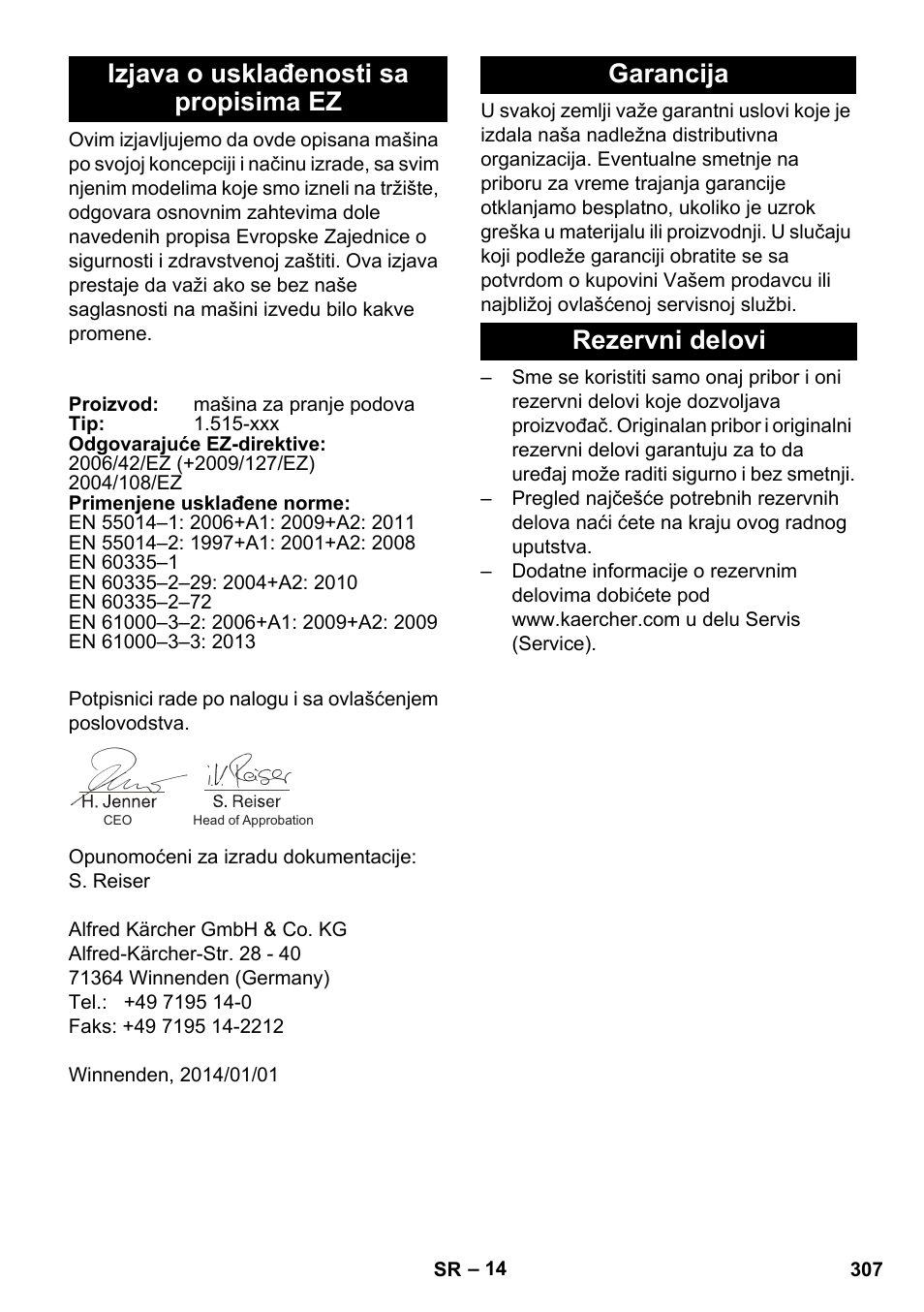 Izjava o usklađenosti sa propisima ez, Garancija, Rezervni delovi | Garancija rezervni delovi | Karcher BD 40-25 C Bp Pack User Manual | Page 307 / 380