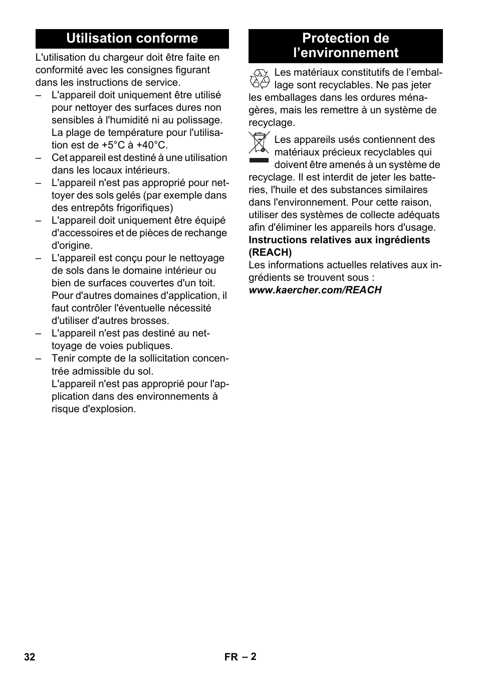 Utilisation conforme, Protection de l’environnement, Utilisation conforme protection de l’environnement | Karcher BD 40-25 C Bp Pack User Manual | Page 32 / 380