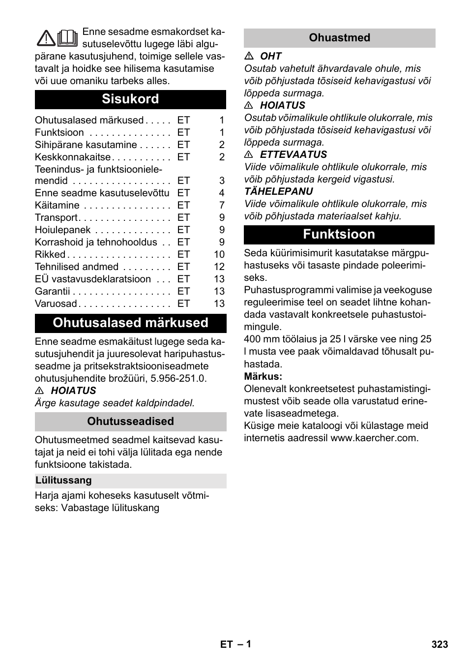 Eesti, Sisukord, Ohutusalased märkused | Ohutusseadised, Lülitussang, Ohuastmed, Funktsioon | Karcher BD 40-25 C Bp Pack User Manual | Page 323 / 380