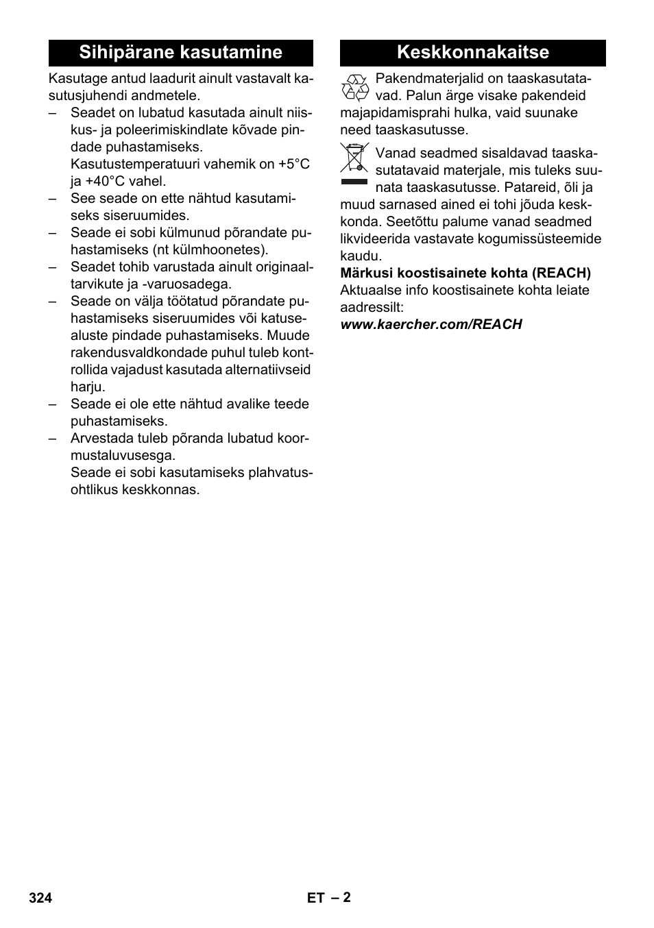 Sihipärane kasutamine, Keskkonnakaitse, Sihipärane kasutamine keskkonnakaitse | Karcher BD 40-25 C Bp Pack User Manual | Page 324 / 380