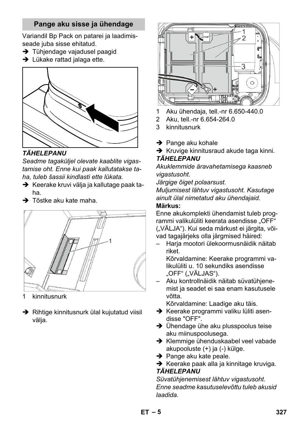 Pange aku sisse ja ühendage | Karcher BD 40-25 C Bp Pack User Manual | Page 327 / 380