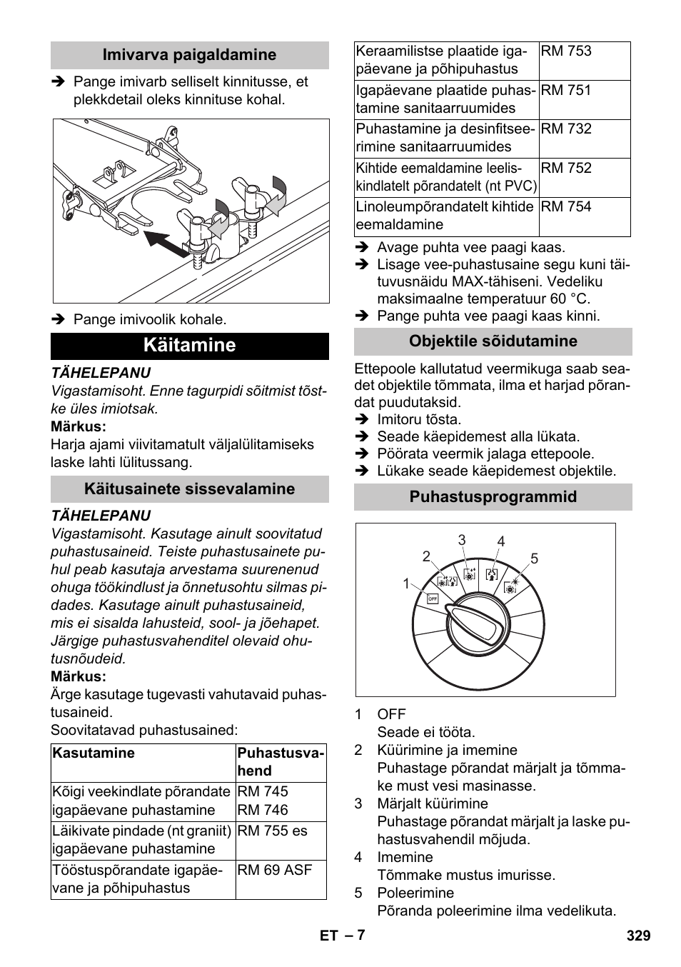 Imivarva paigaldamine, Käitamine, Käitusainete sissevalamine | Objektile sõidutamine, Puhastusprogrammid | Karcher BD 40-25 C Bp Pack User Manual | Page 329 / 380