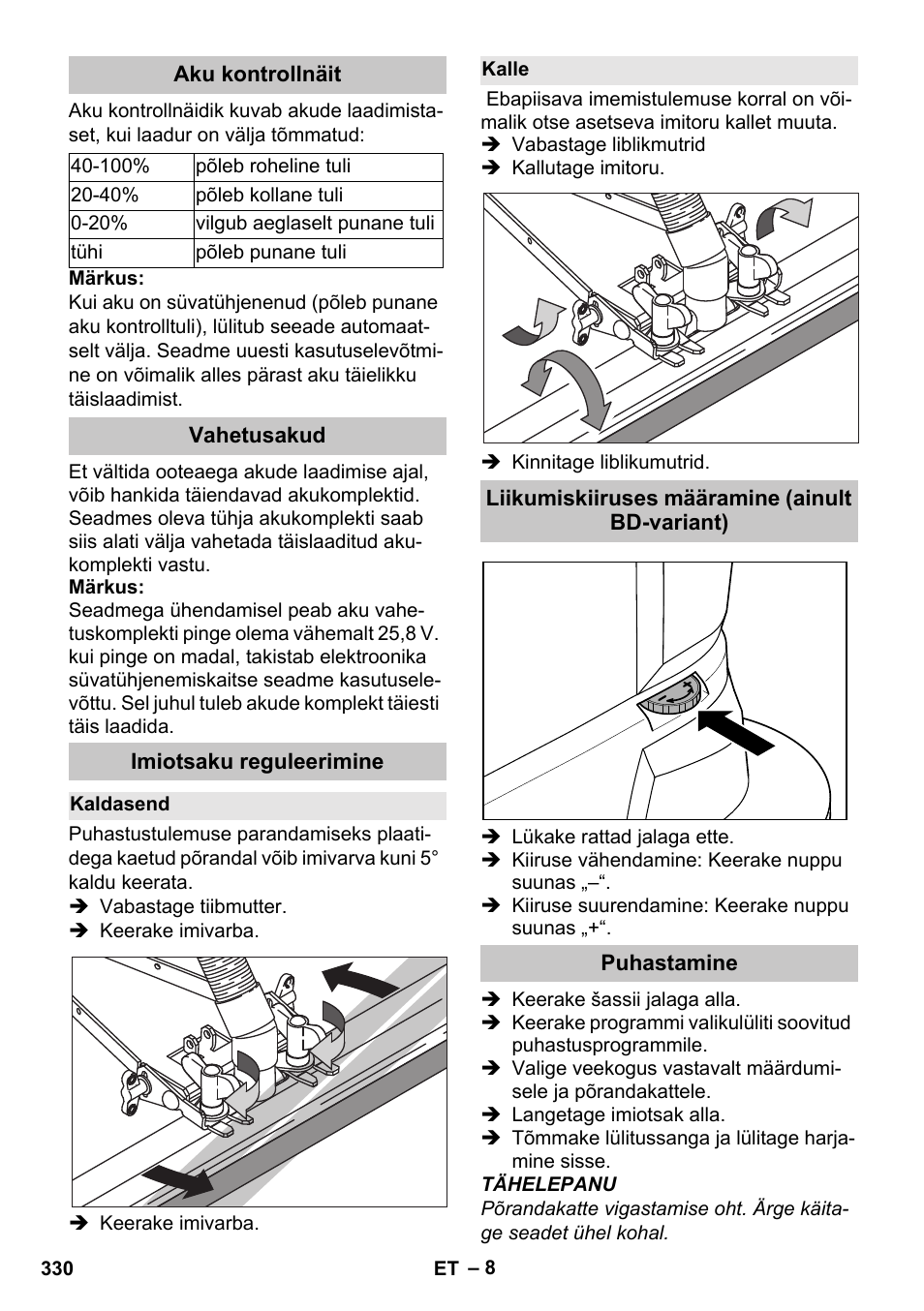 Aku kontrollnäit, Vahetusakud, Imiotsaku reguleerimine | Kaldasend, Kalle, Liikumiskiiruses määramine (ainult bd-variant), Puhastamine | Karcher BD 40-25 C Bp Pack User Manual | Page 330 / 380