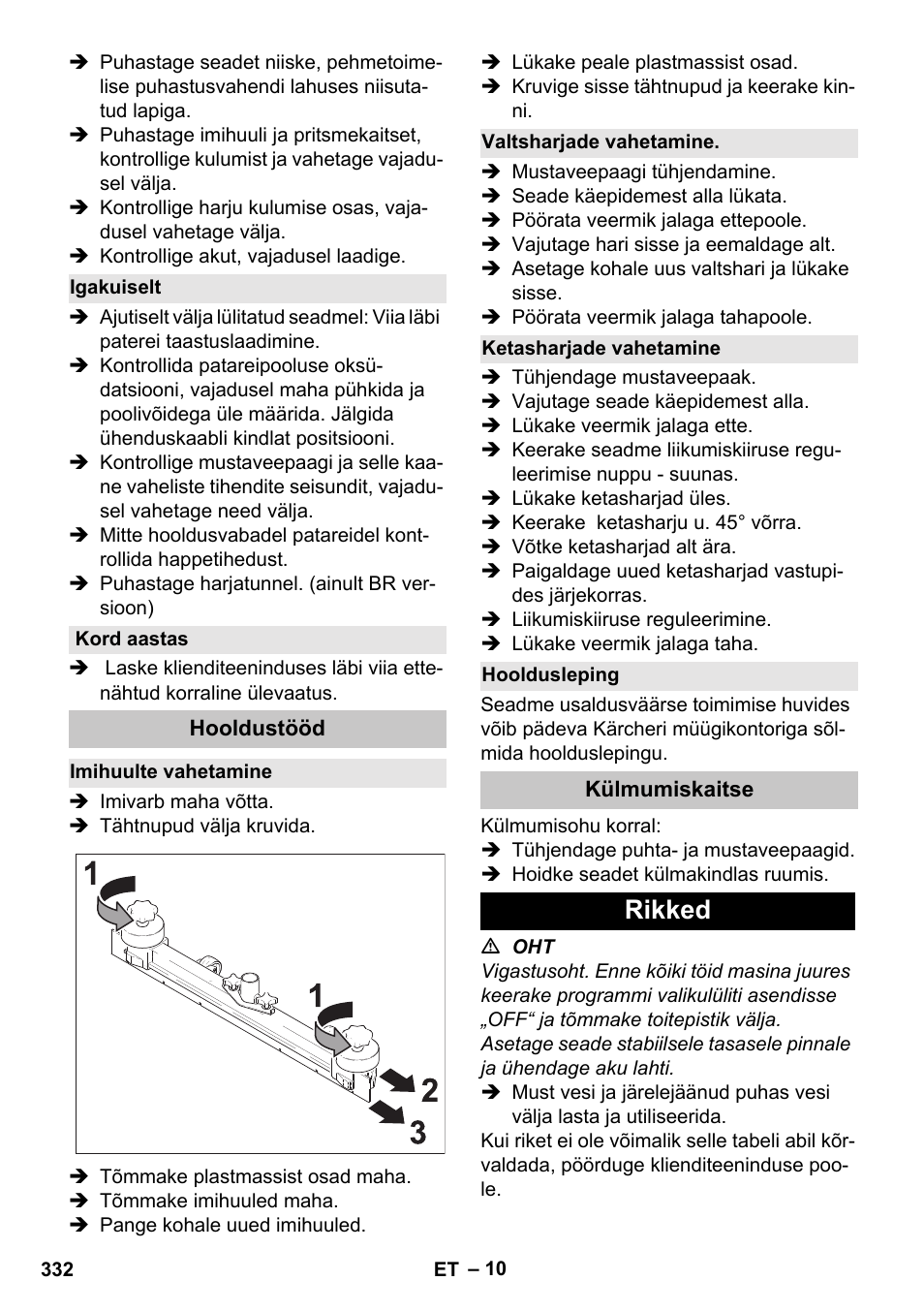 Igakuiselt, Kord aastas, Hooldustööd | Imihuulte vahetamine, Valtsharjade vahetamine, Ketasharjade vahetamine, Hooldusleping, Külmumiskaitse, Rikked | Karcher BD 40-25 C Bp Pack User Manual | Page 332 / 380