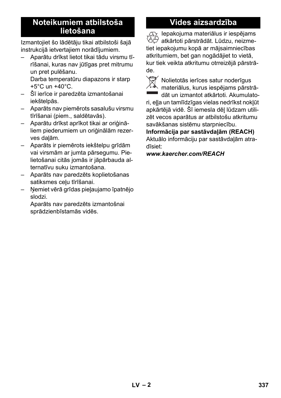 Noteikumiem atbilstoša lietošana, Vides aizsardzība | Karcher BD 40-25 C Bp Pack User Manual | Page 337 / 380