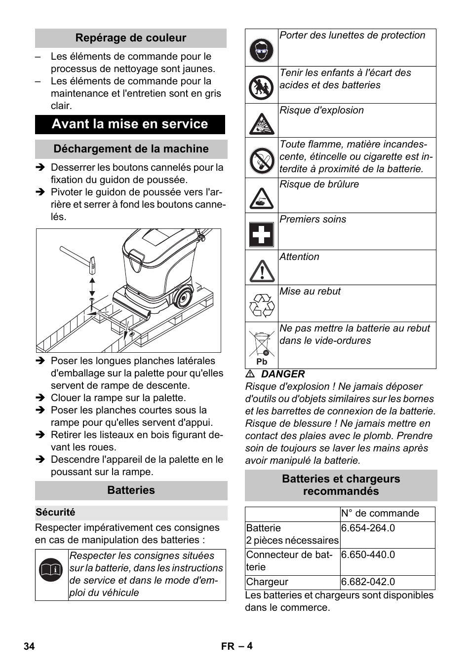 Repérage de couleur, Avant la mise en service, Déchargement de la machine | Batteries, Sécurité, Batteries et chargeurs recommandés | Karcher BD 40-25 C Bp Pack User Manual | Page 34 / 380