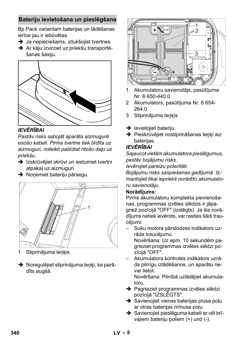 Bateriju ievietošana un pieslēgšana | Karcher BD 40-25 C Bp Pack User Manual | Page 340 / 380