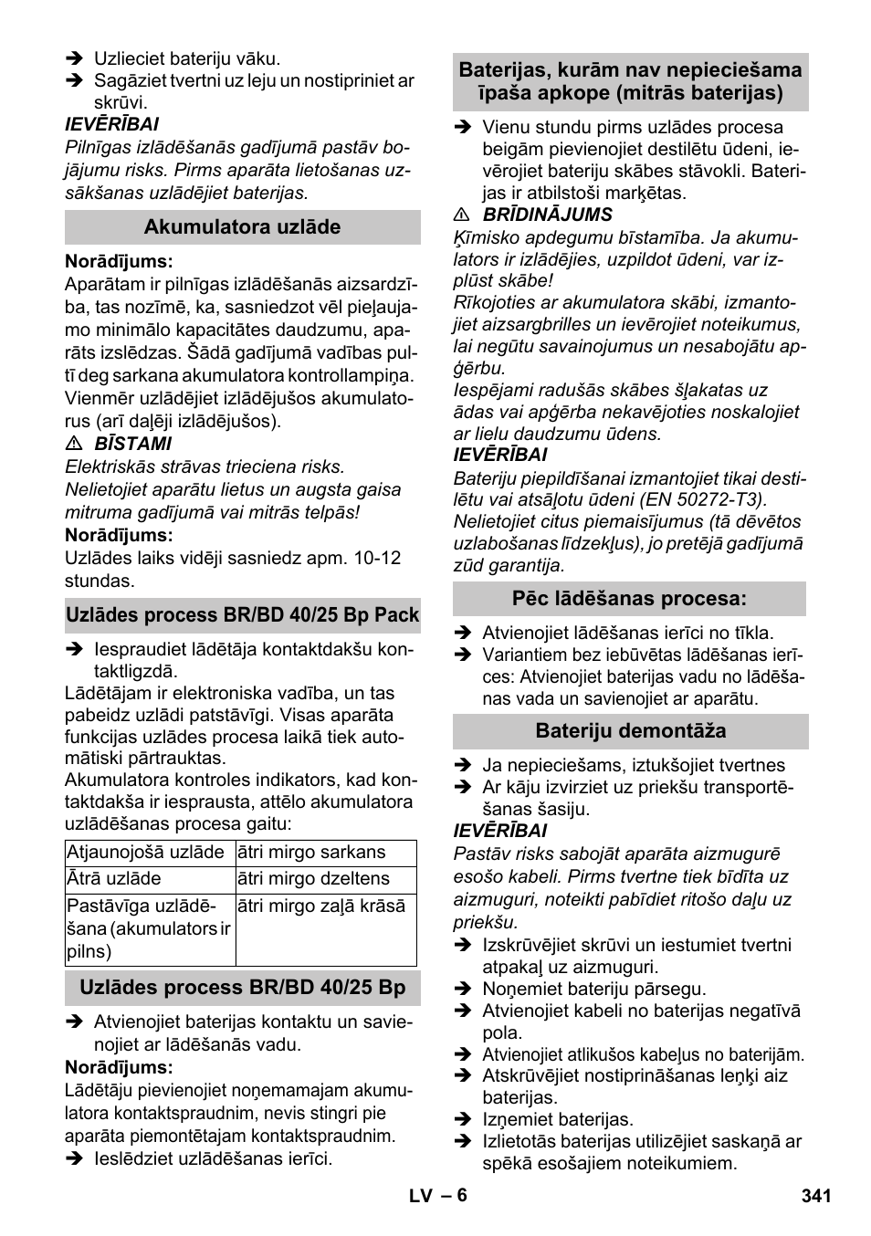 Akumulatora uzlāde, Uzlādes process br/bd 40/25 bp pack, Uzlādes process br/bd 40/25 bp | Pēc lādēšanas procesa, Bateriju demontāža | Karcher BD 40-25 C Bp Pack User Manual | Page 341 / 380