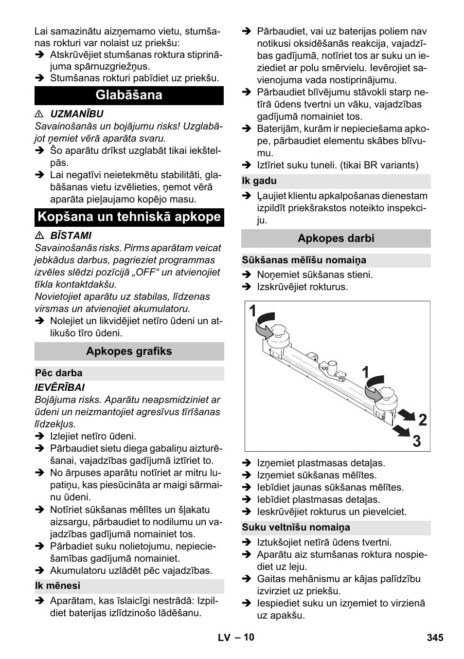 Glabāšana, Kopšana un tehniskā apkope, Apkopes grafiks | Pēc darba, Ik mēnesi, Ik gadu, Apkopes darbi, Sūkšanas mēlīšu nomaiņa, Suku veltnīšu nomaiņa, Glabāšana kopšana un tehniskā apkope | Karcher BD 40-25 C Bp Pack User Manual | Page 345 / 380