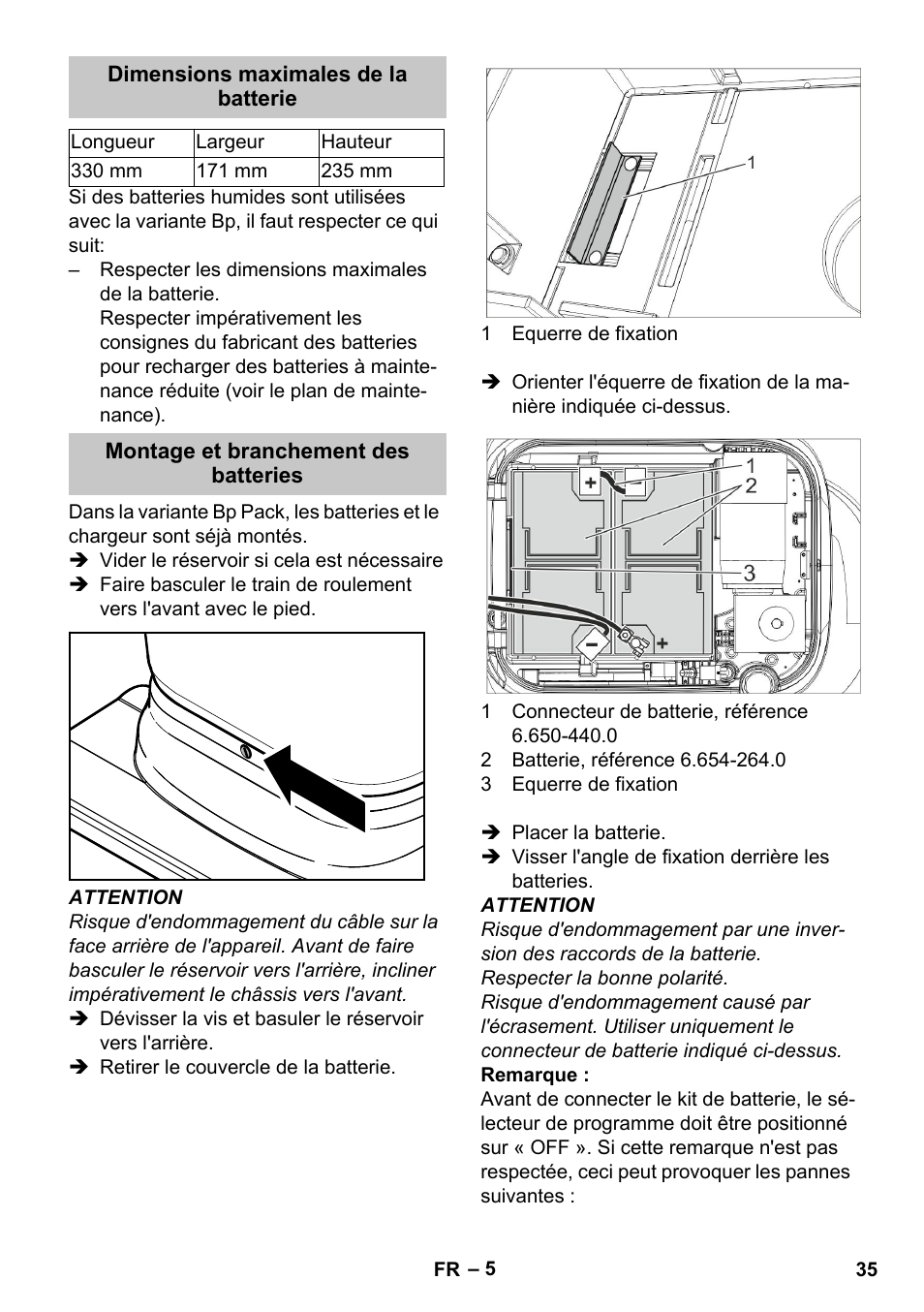 Dimensions maximales de la batterie, Montage et branchement des batteries | Karcher BD 40-25 C Bp Pack User Manual | Page 35 / 380