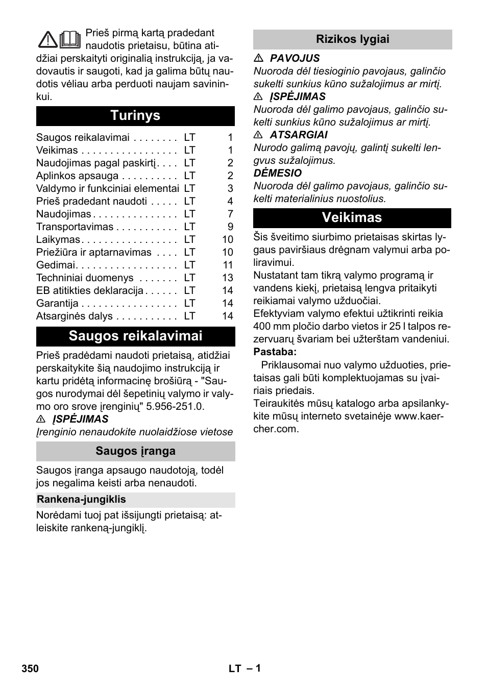 Lietuviškai, Turinys, Saugos reikalavimai | Saugos įranga, Rankena-jungiklis, Rizikos lygiai, Veikimas | Karcher BD 40-25 C Bp Pack User Manual | Page 350 / 380