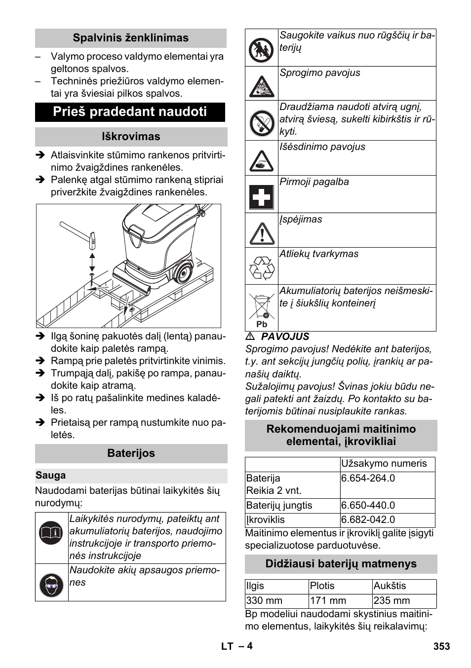 Spalvinis ženklinimas, Prieš pradedant naudoti, Iškrovimas | Baterijos, Sauga, Rekomenduojami maitinimo elementai, įkrovikliai, Didžiausi baterijų matmenys | Karcher BD 40-25 C Bp Pack User Manual | Page 353 / 380