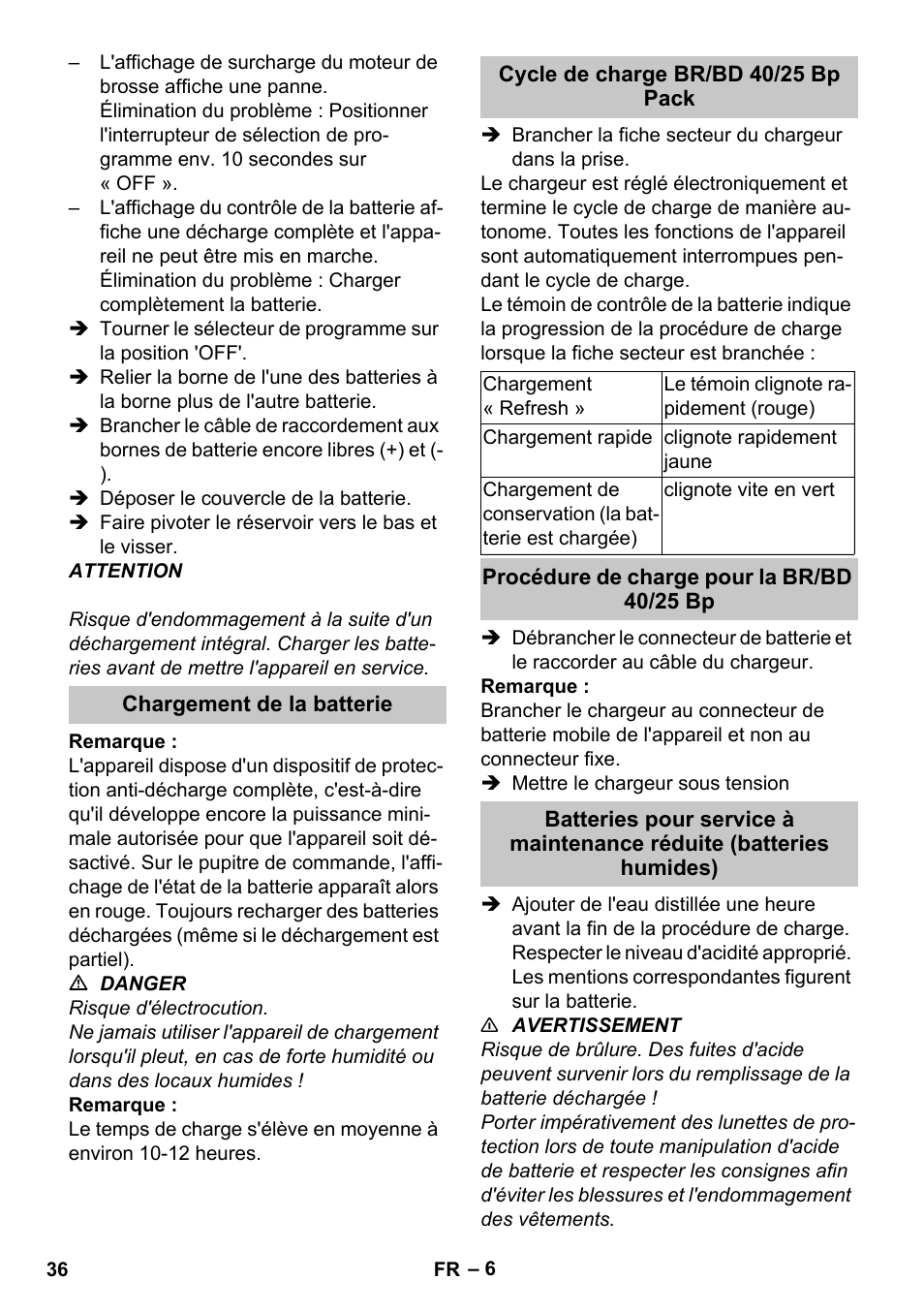 Chargement de la batterie, Cycle de charge br/bd 40/25 bp pack, Procédure de charge pour la br/bd 40/25 bp | Karcher BD 40-25 C Bp Pack User Manual | Page 36 / 380