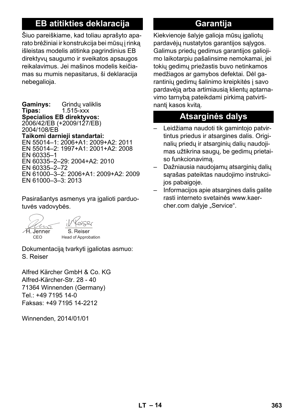 Eb atitikties deklaracija, Garantija, Atsarginės dalys | Garantija atsarginės dalys | Karcher BD 40-25 C Bp Pack User Manual | Page 363 / 380