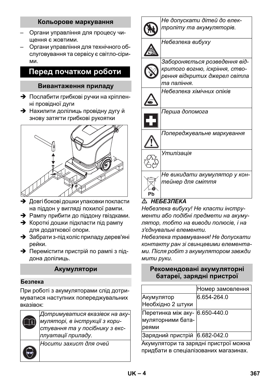 Кольорове маркування, Перед початком роботи, Вивантаження приладу | Акумулятори, Безпека | Karcher BD 40-25 C Bp Pack User Manual | Page 367 / 380