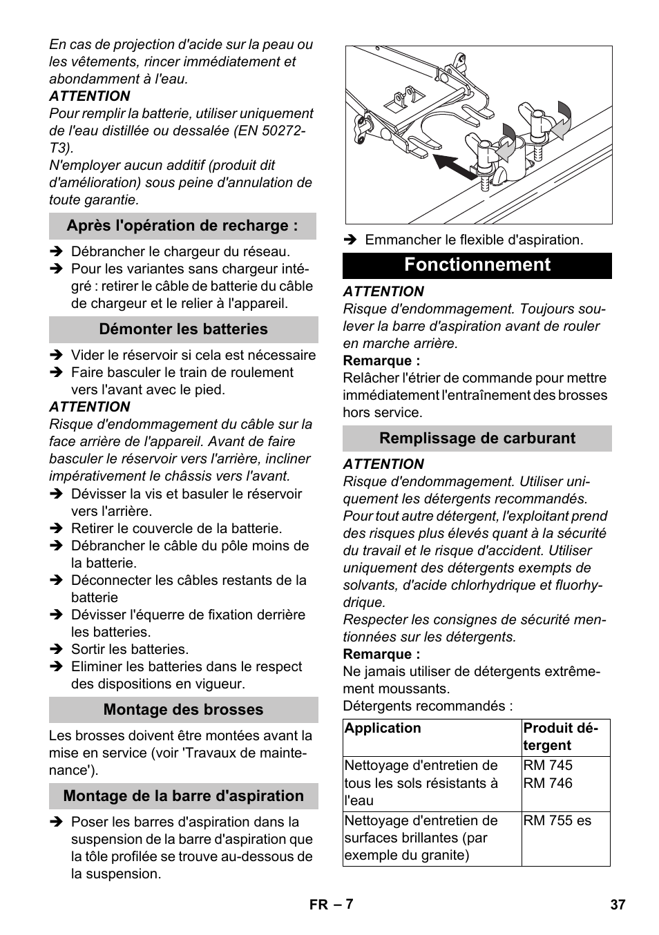 Après l'opération de recharge, Démonter les batteries, Montage des brosses | Montage de la barre d'aspiration, Fonctionnement, Remplissage de carburant | Karcher BD 40-25 C Bp Pack User Manual | Page 37 / 380