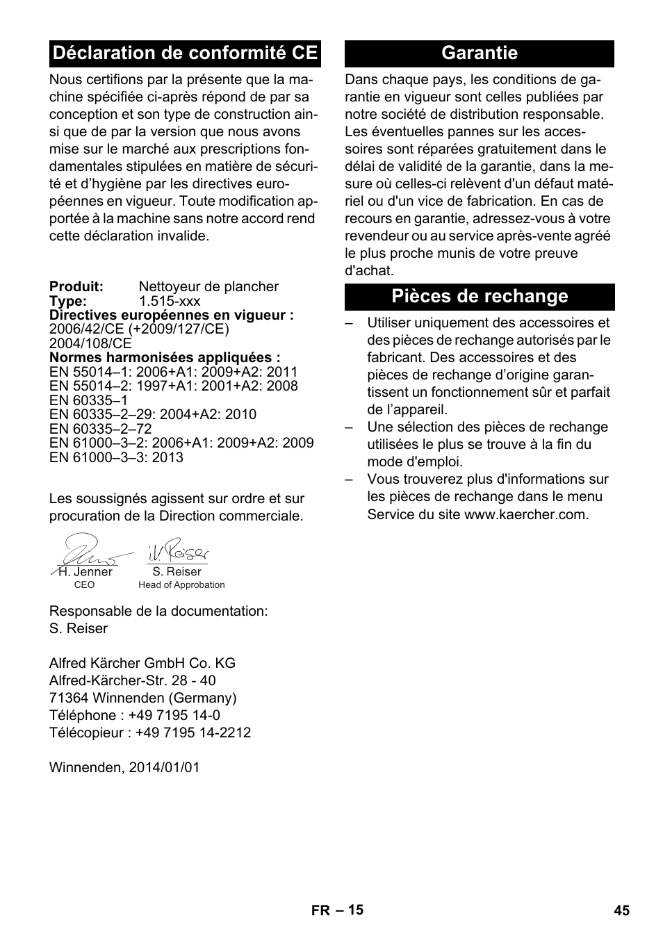 Déclaration de conformité ce, Garantie, Pièces de rechange | Garantie pièces de rechange | Karcher BD 40-25 C Bp Pack User Manual | Page 45 / 380