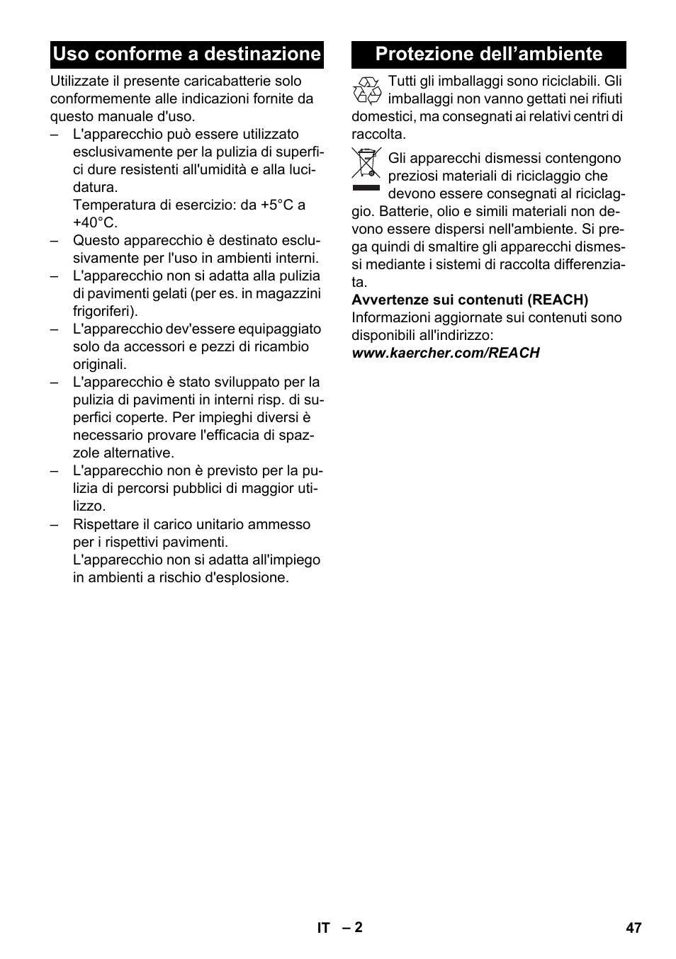 Uso conforme a destinazione, Protezione dell’ambiente | Karcher BD 40-25 C Bp Pack User Manual | Page 47 / 380