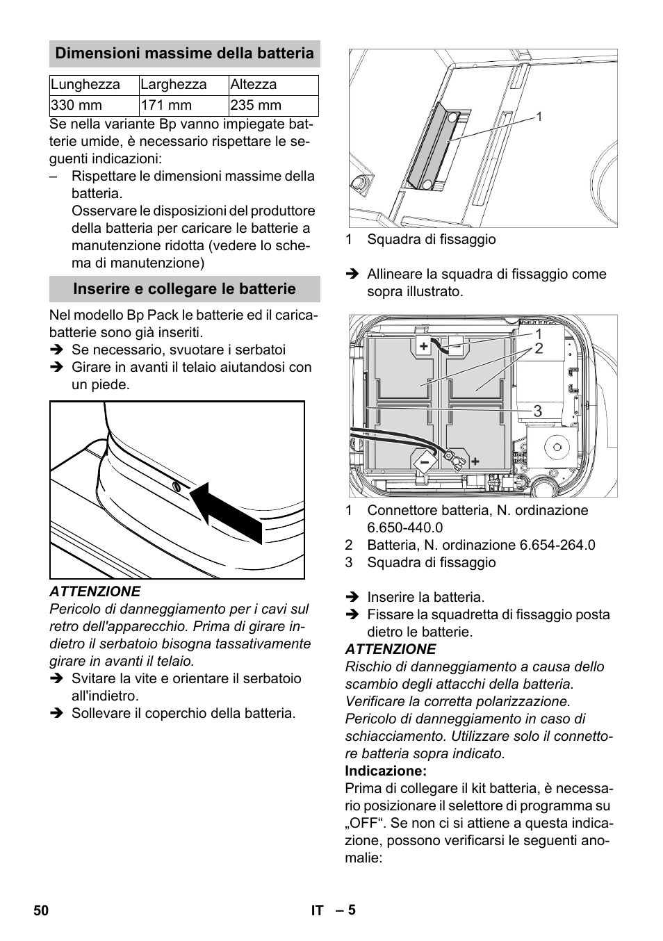 Dimensioni massime della batteria, Inserire e collegare le batterie | Karcher BD 40-25 C Bp Pack User Manual | Page 50 / 380