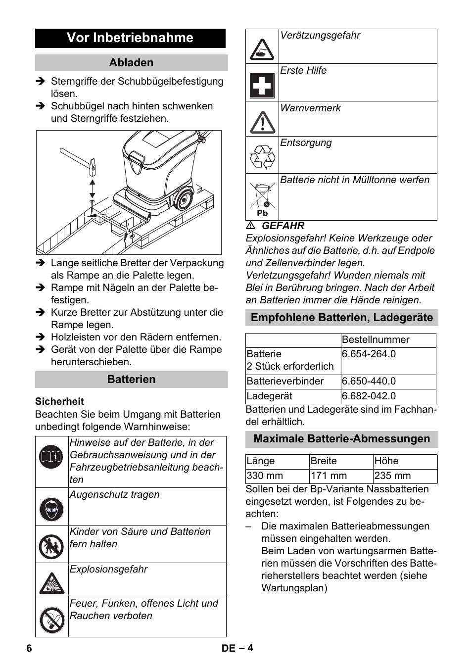 Vor inbetriebnahme, Abladen, Batterien | Sicherheit, Empfohlene batterien, ladegeräte, Maximale batterie-abmessungen | Karcher BD 40-25 C Bp Pack User Manual | Page 6 / 380
