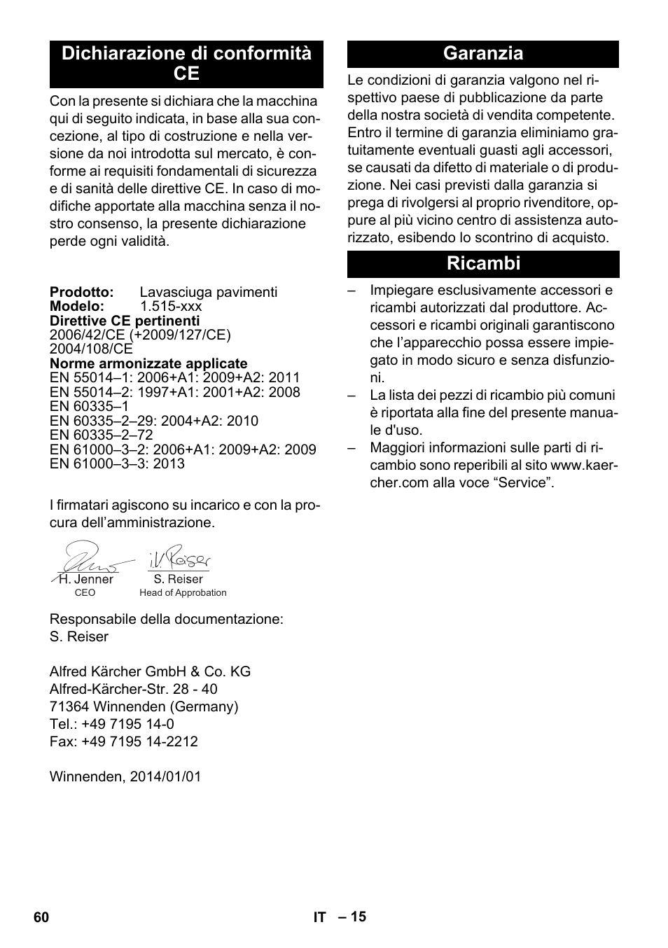 Dichiarazione di conformità ce, Garanzia, Ricambi | Garanzia ricambi | Karcher BD 40-25 C Bp Pack User Manual | Page 60 / 380