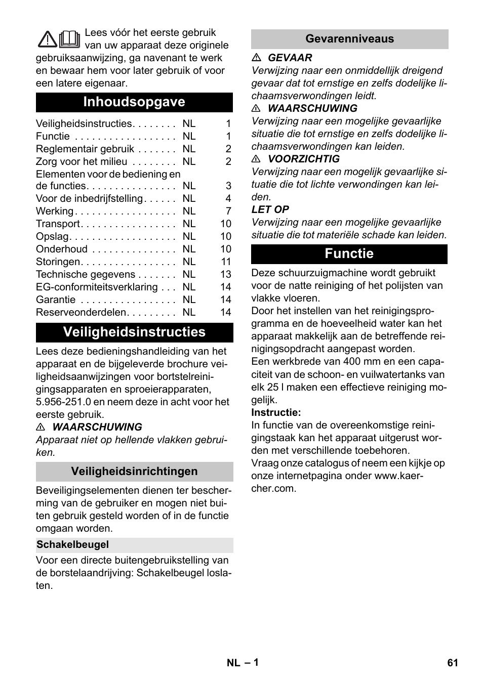 Nederlands, Inhoudsopgave, Veiligheidsinstructies | Veiligheidsinrichtingen, Schakelbeugel, Gevarenniveaus, Functie | Karcher BD 40-25 C Bp Pack User Manual | Page 61 / 380