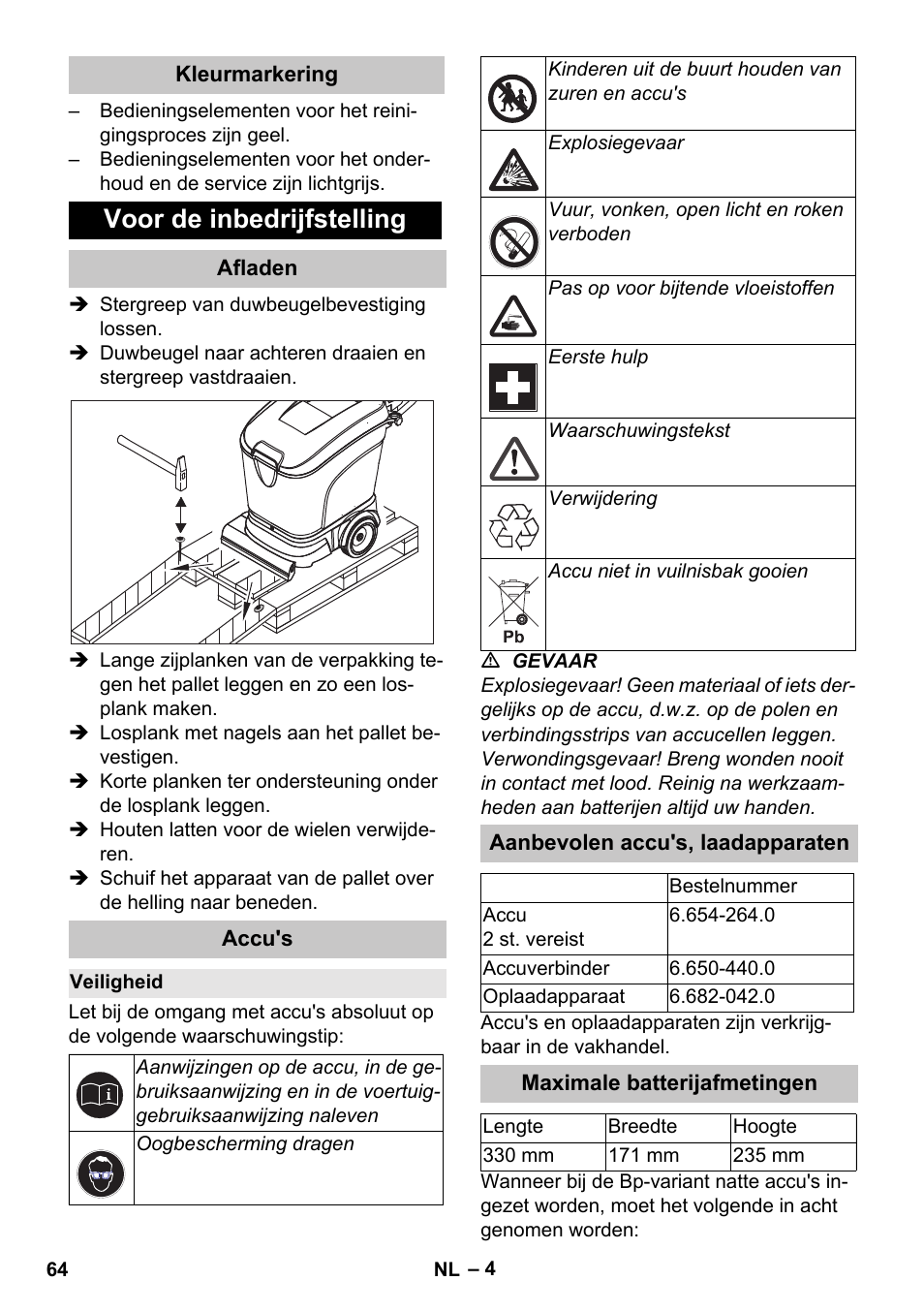 Kleurmarkering, Voor de inbedrijfstelling, Afladen | Accu's, Veiligheid, Aanbevolen accu's, laadapparaten, Maximale batterijafmetingen | Karcher BD 40-25 C Bp Pack User Manual | Page 64 / 380