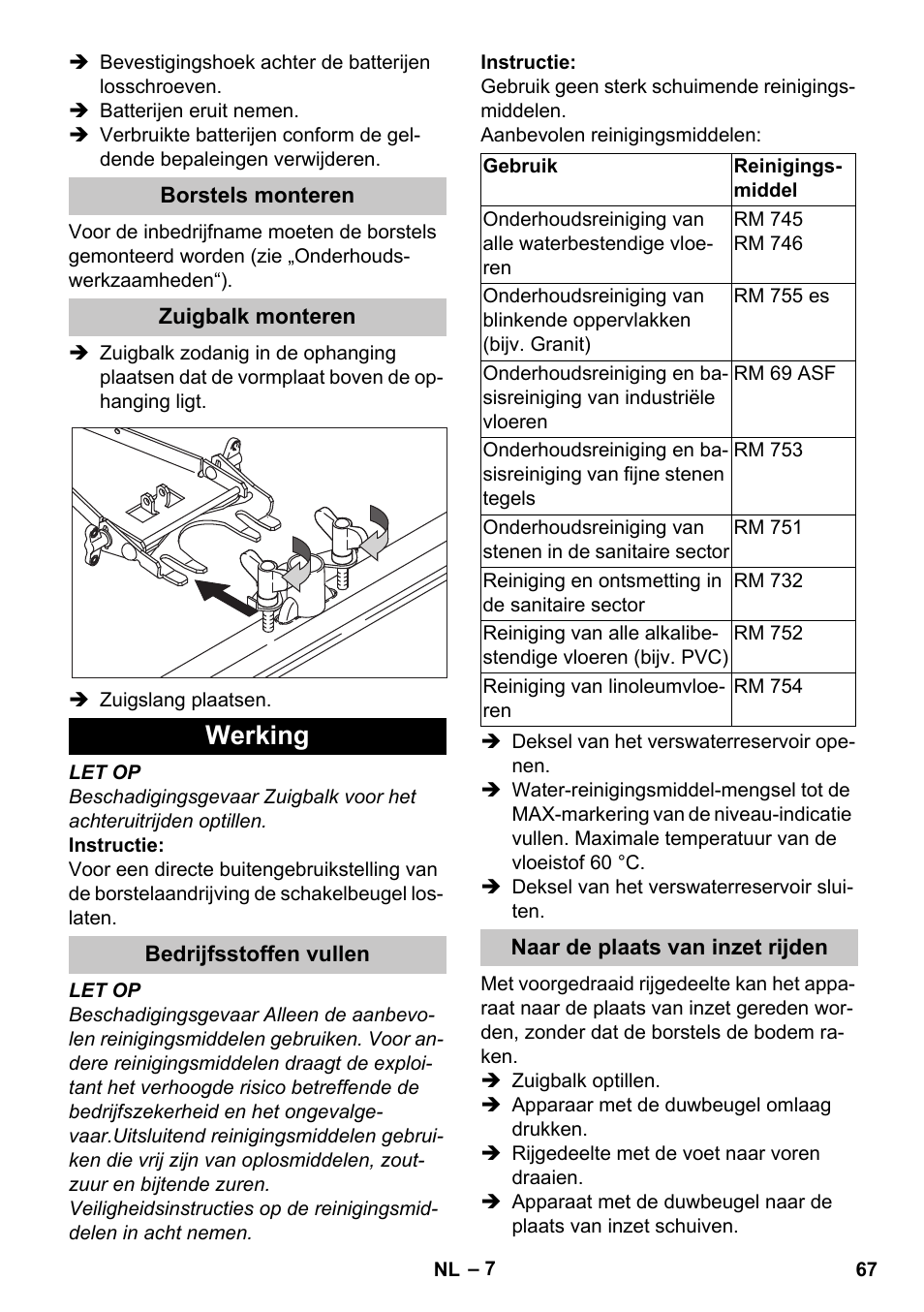 Borstels monteren, Zuigbalk monteren, Werking | Bedrijfsstoffen vullen, Naar de plaats van inzet rijden | Karcher BD 40-25 C Bp Pack User Manual | Page 67 / 380