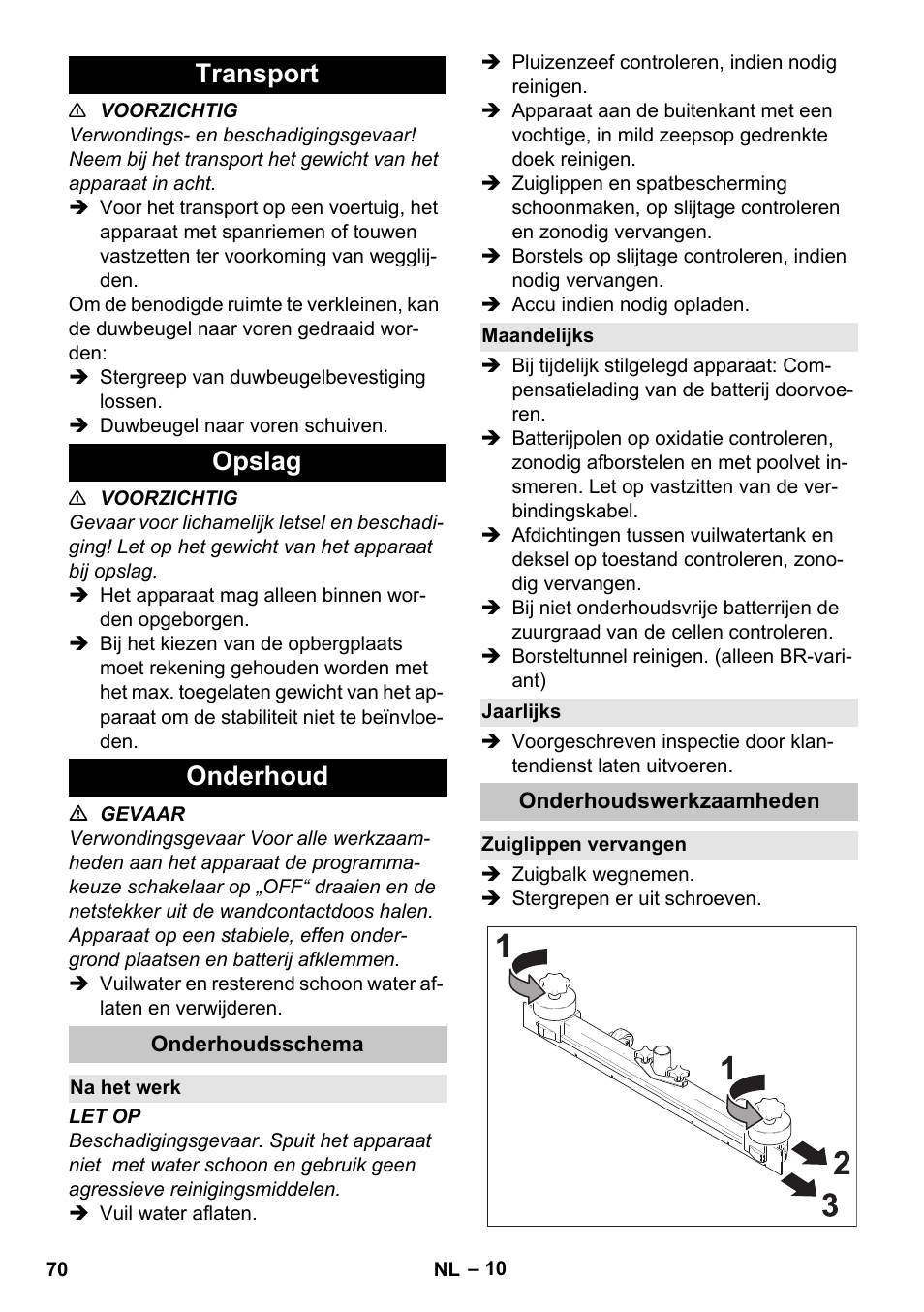 Transport, Opslag, Onderhoud | Onderhoudsschema, Na het werk, Maandelijks, Jaarlijks, Onderhoudswerkzaamheden, Zuiglippen vervangen, Transport opslag onderhoud | Karcher BD 40-25 C Bp Pack User Manual | Page 70 / 380
