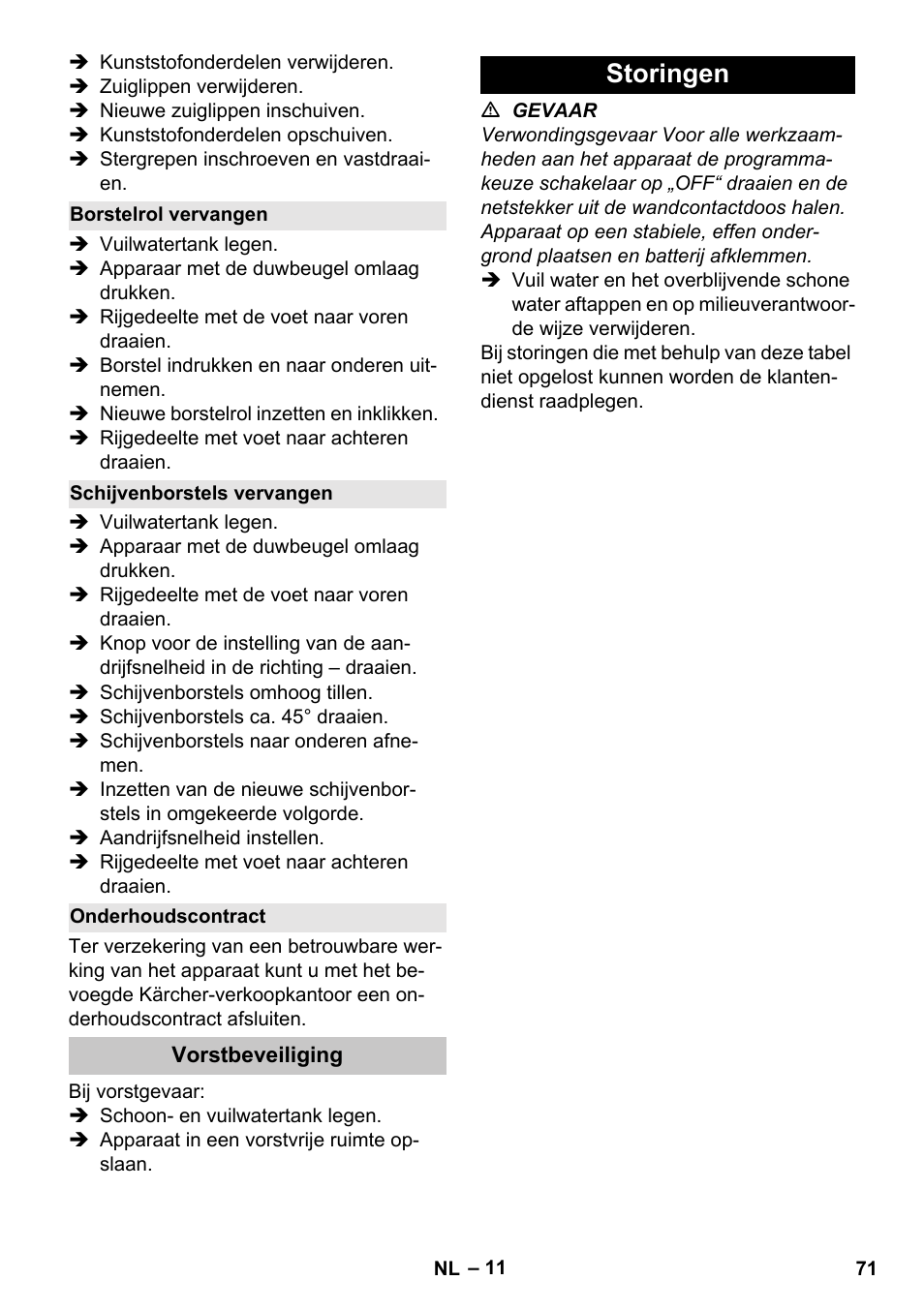 Borstelrol vervangen, Schijvenborstels vervangen, Onderhoudscontract | Vorstbeveiliging, Storingen | Karcher BD 40-25 C Bp Pack User Manual | Page 71 / 380