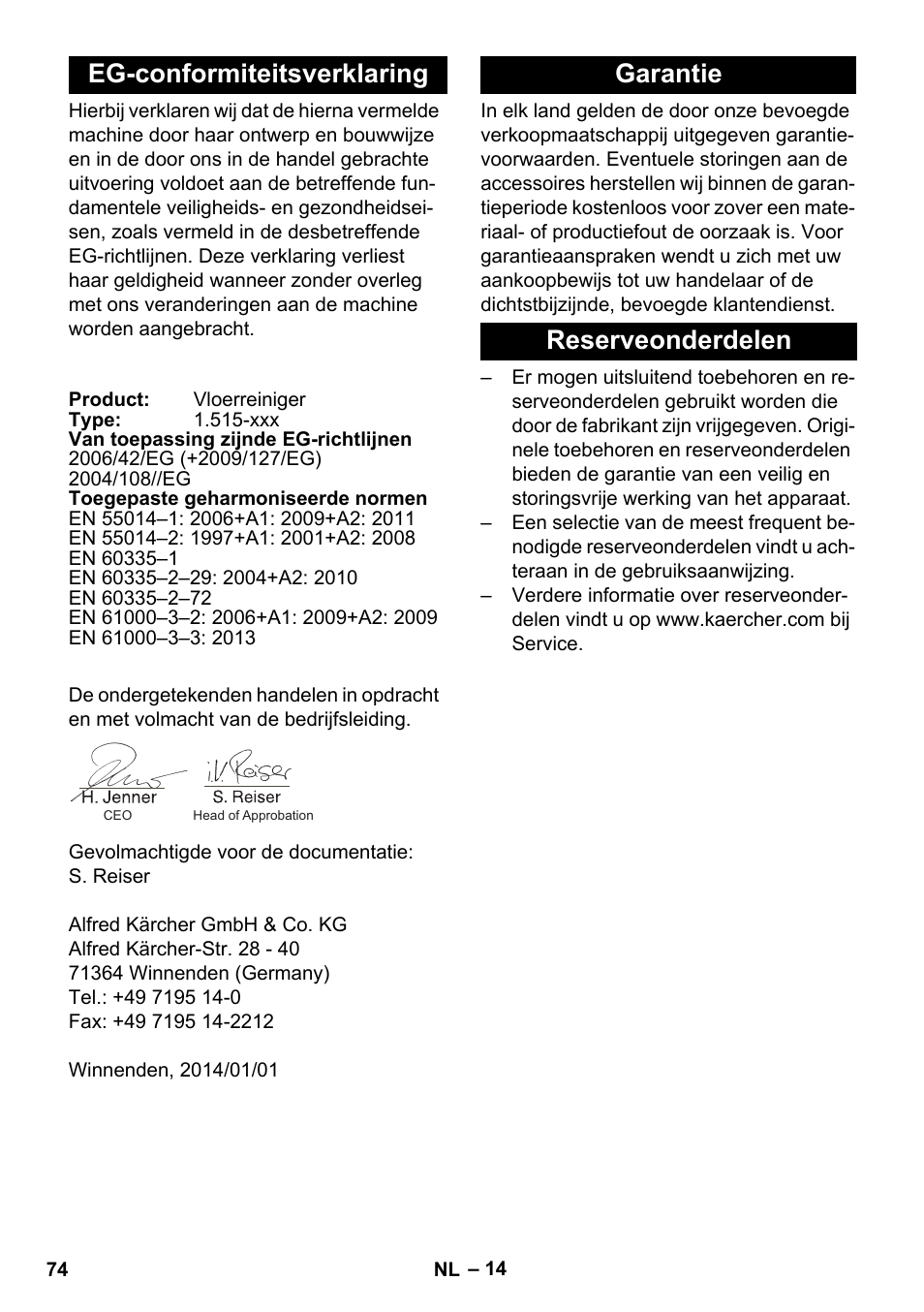 Eg-conformiteitsverklaring, Garantie, Reserveonderdelen | Garantie reserveonderdelen | Karcher BD 40-25 C Bp Pack User Manual | Page 74 / 380