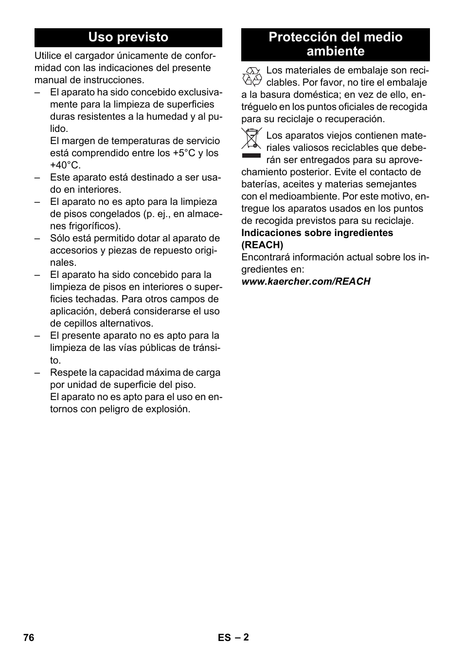 Uso previsto, Protección del medio ambiente, Uso previsto protección del medio ambiente | Karcher BD 40-25 C Bp Pack User Manual | Page 76 / 380