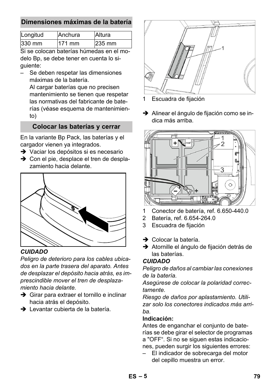 Dimensiones máximas de la batería, Colocar las baterías y cerrar | Karcher BD 40-25 C Bp Pack User Manual | Page 79 / 380