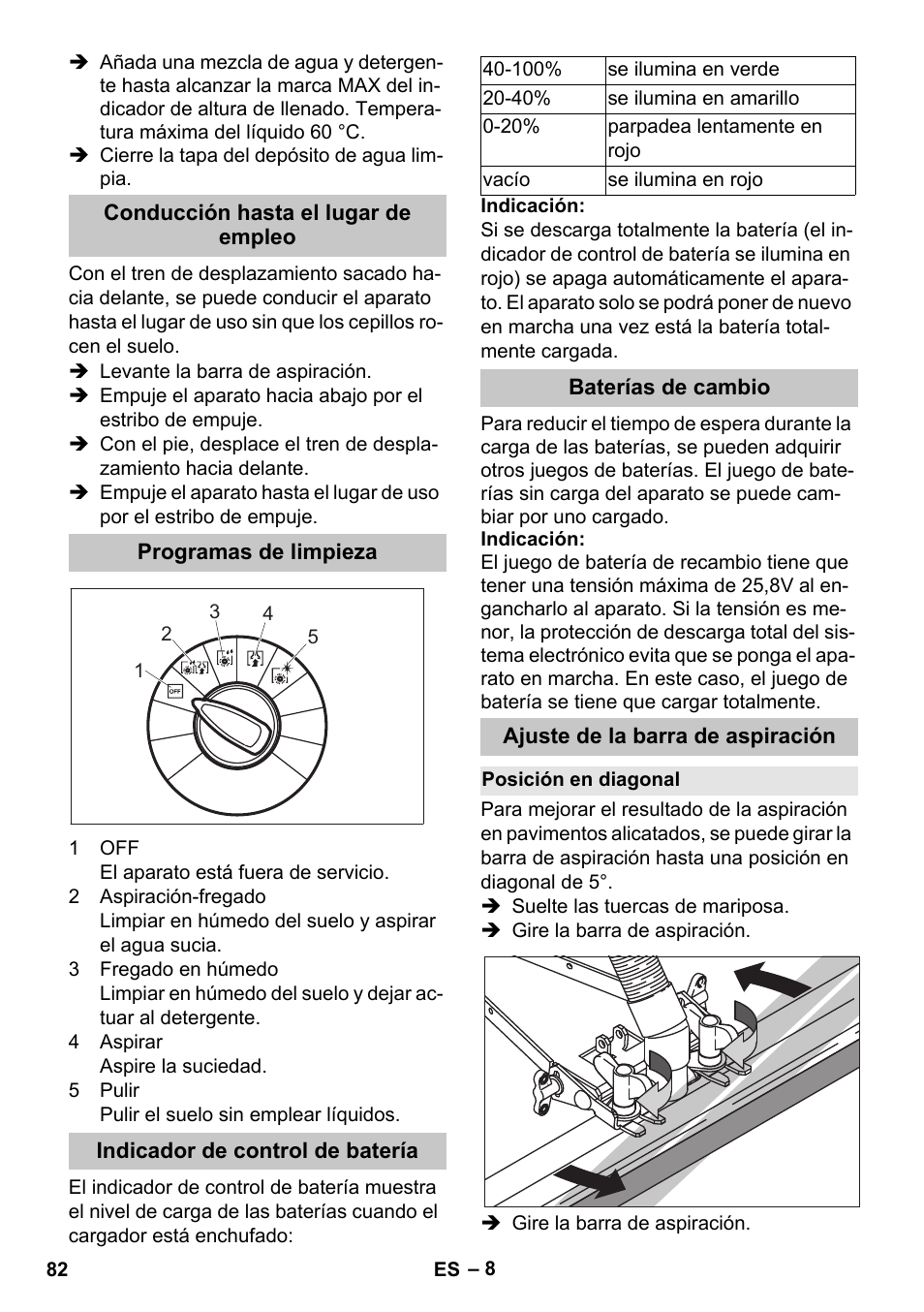 Conducción hasta el lugar de empleo, Programas de limpieza, Indicador de control de batería | Baterías de cambio, Ajuste de la barra de aspiración, Posición en diagonal | Karcher BD 40-25 C Bp Pack User Manual | Page 82 / 380
