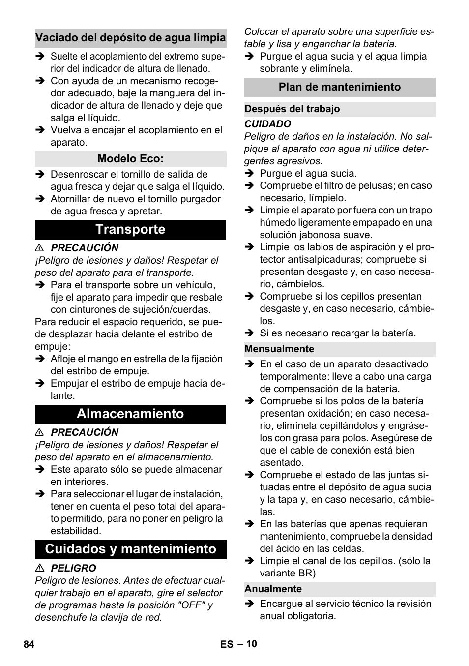 Vaciado del depósito de agua limpia, Modelo eco, Transporte | Almacenamiento, Cuidados y mantenimiento, Plan de mantenimiento, Después del trabajo, Mensualmente, Anualmente, Transporte almacenamiento cuidados y mantenimiento | Karcher BD 40-25 C Bp Pack User Manual | Page 84 / 380