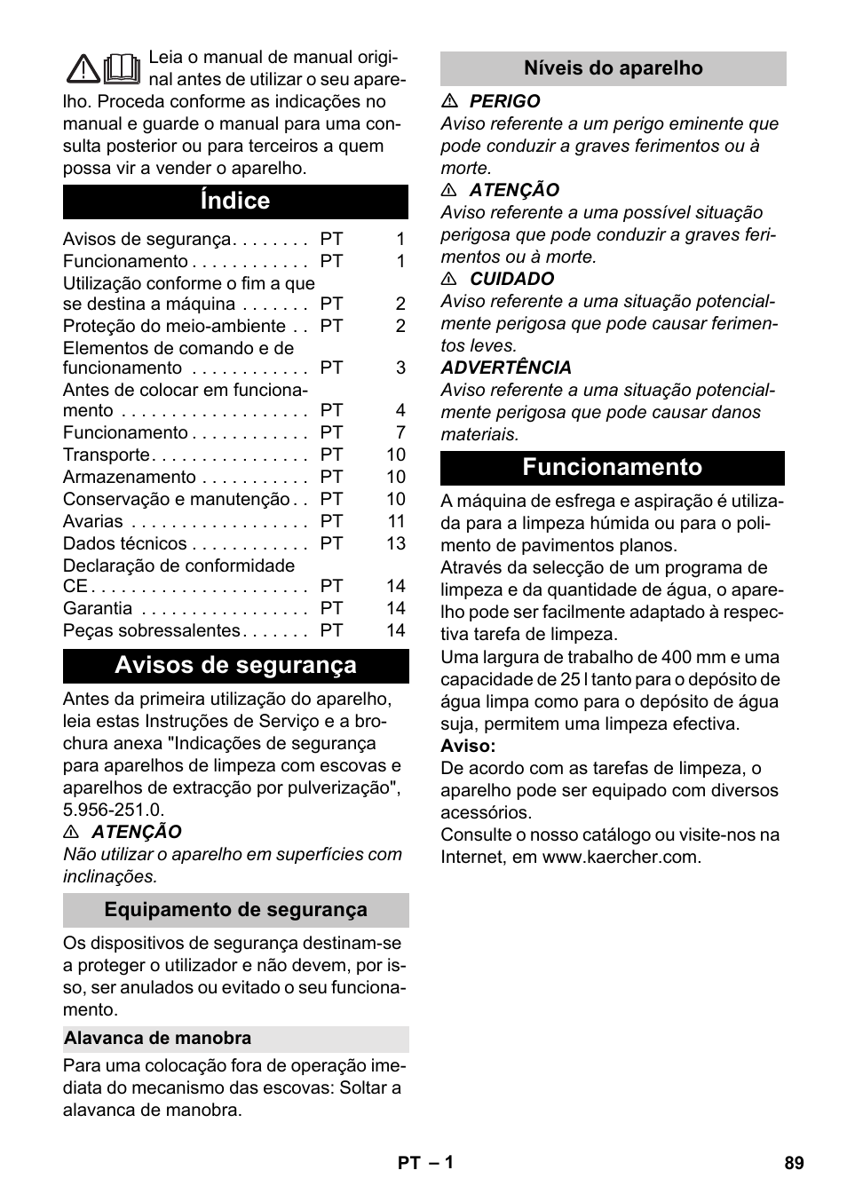 Português, Índice, Avisos de segurança | Equipamento de segurança, Alavanca de manobra, Níveis do aparelho, Funcionamento | Karcher BD 40-25 C Bp Pack User Manual | Page 89 / 380