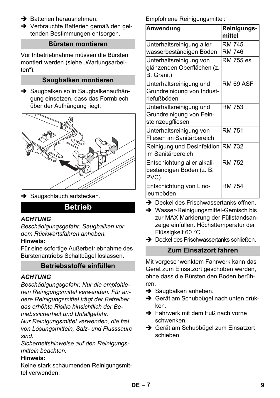 Bürsten montieren, Saugbalken montieren, Betrieb | Betriebsstoffe einfüllen, Zum einsatzort fahren | Karcher BD 40-25 C Bp Pack User Manual | Page 9 / 380