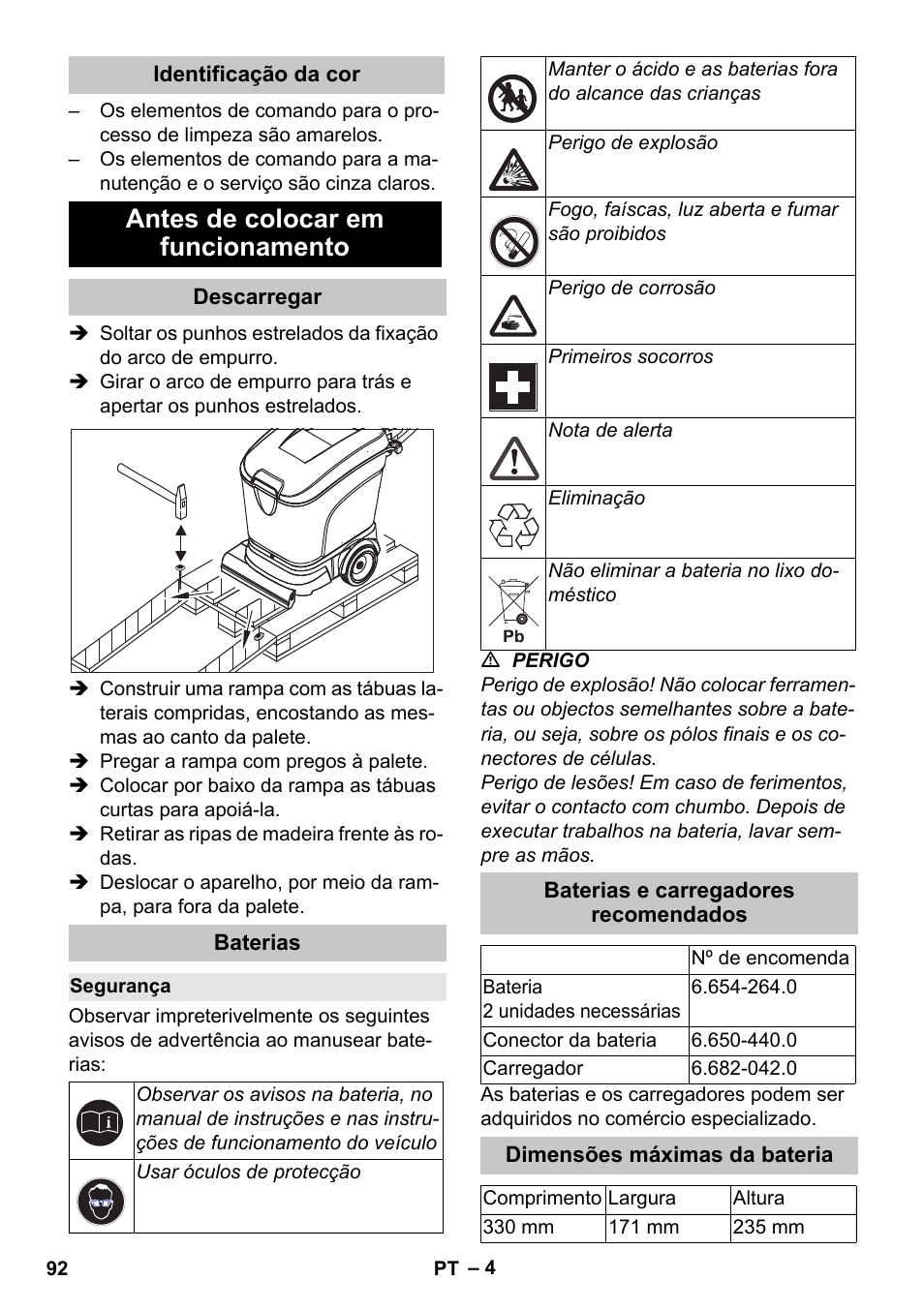 Identificação da cor, Antes de colocar em funcionamento, Descarregar | Baterias, Segurança, Baterias e carregadores recomendados, Dimensões máximas da bateria | Karcher BD 40-25 C Bp Pack User Manual | Page 92 / 380