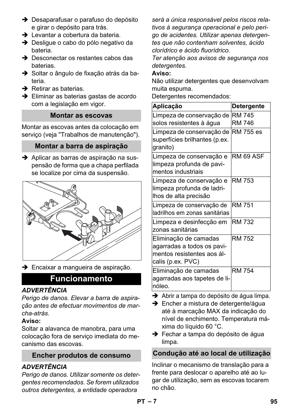 Montar as escovas, Montar a barra de aspiração, Funcionamento | Encher produtos de consumo, Condução até ao local de utilização | Karcher BD 40-25 C Bp Pack User Manual | Page 95 / 380