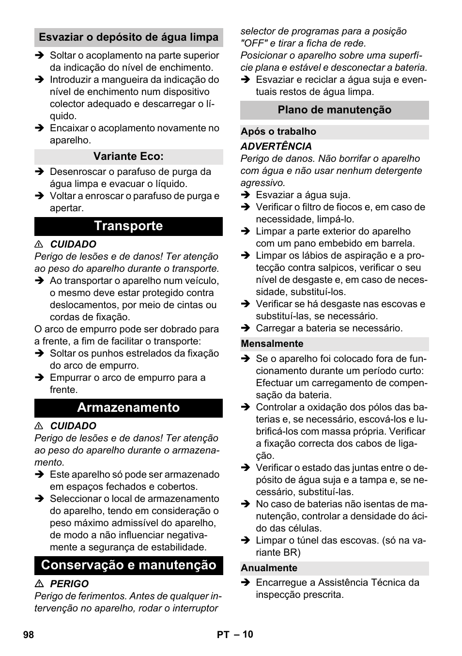 Esvaziar o depósito de água limpa, Variante eco, Transporte | Armazenamento, Conservação e manutenção, Plano de manutenção, Após o trabalho, Mensalmente, Anualmente, Transporte armazenamento conservação e manutenção | Karcher BD 40-25 C Bp Pack User Manual | Page 98 / 380