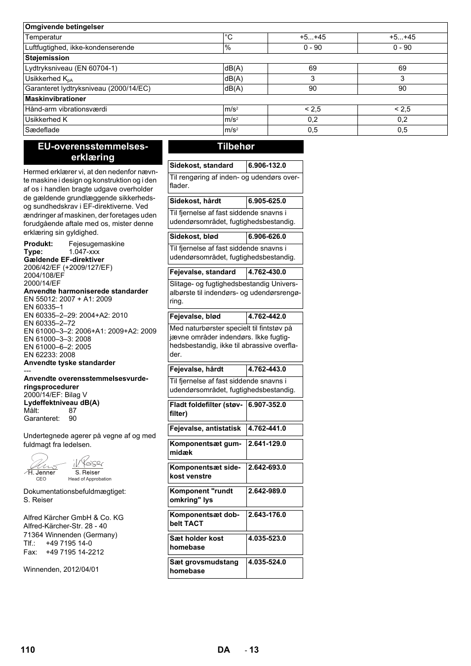 Eu-overensstemmelses- erklæring, Tilbehør | Karcher KM 90-60 R Bp Pack Advanced User Manual | Page 110 / 376