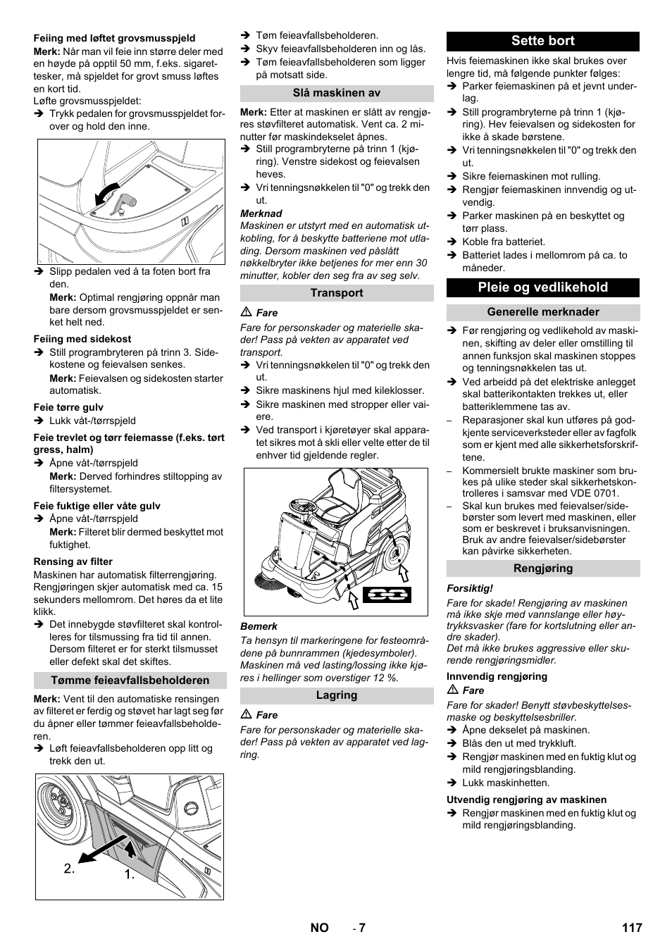 Sette bort pleie og vedlikehold | Karcher KM 90-60 R Bp Pack Advanced User Manual | Page 117 / 376