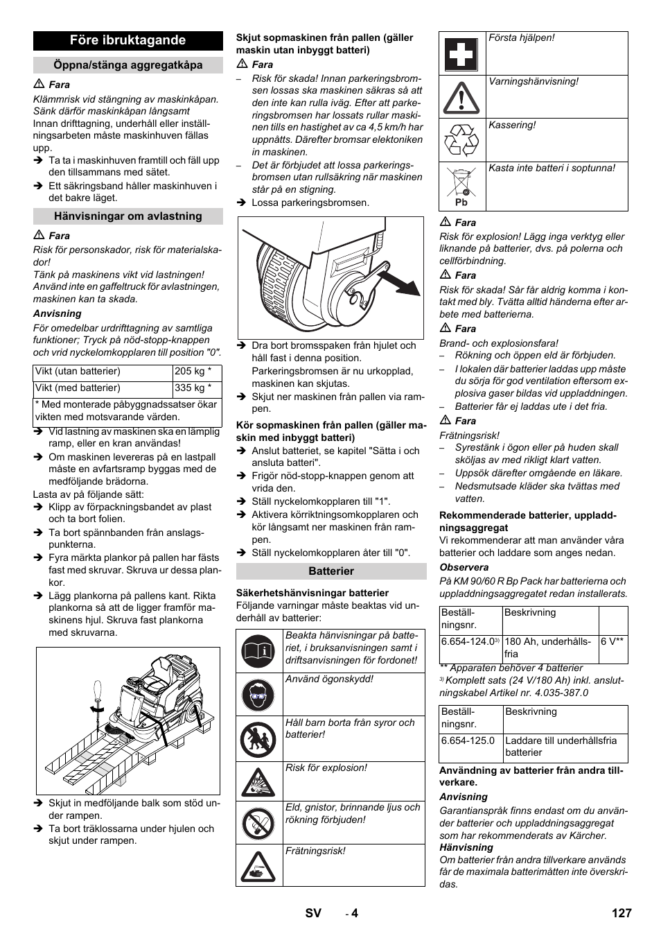 Före ibruktagande | Karcher KM 90-60 R Bp Pack Advanced User Manual | Page 127 / 376