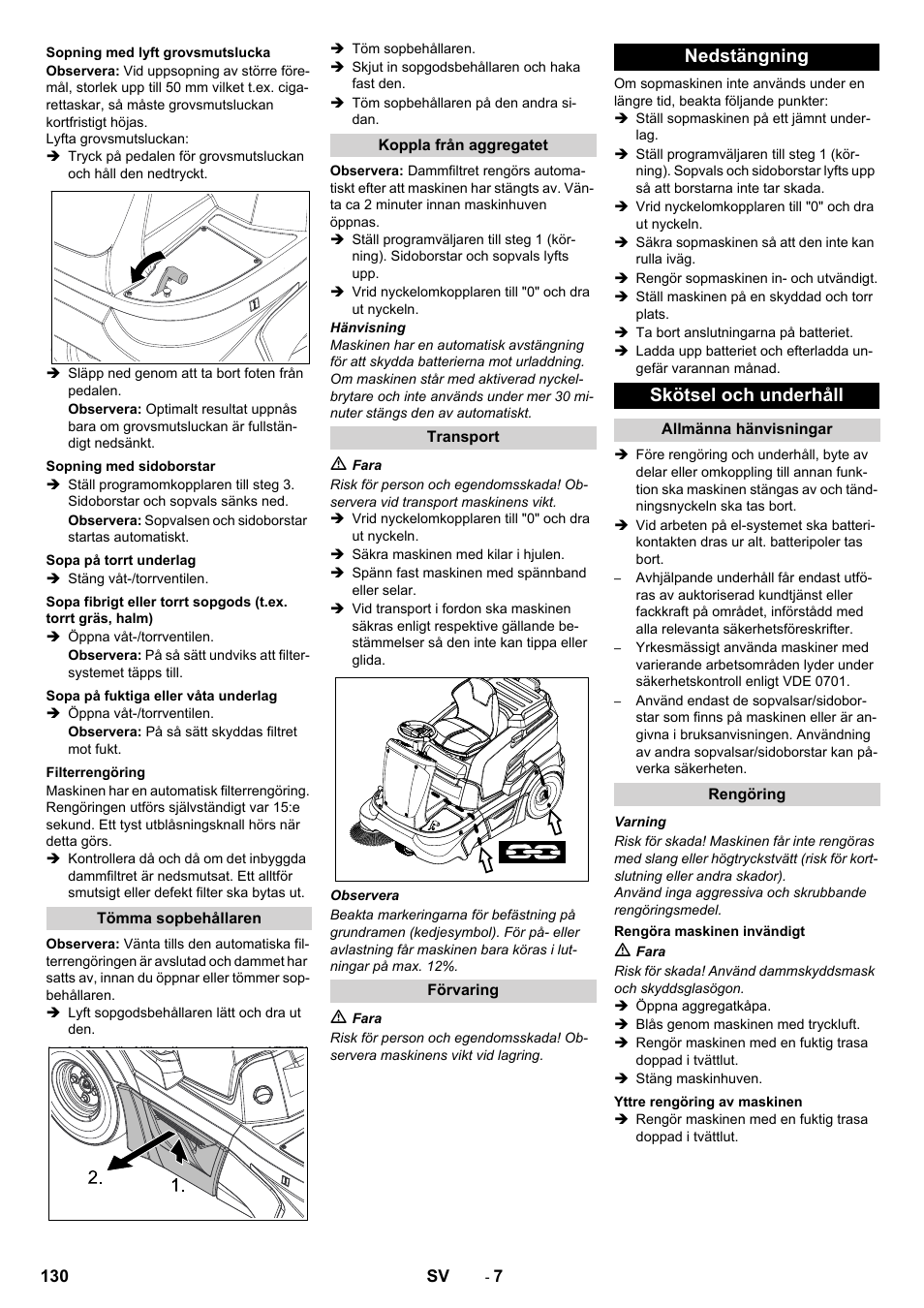 Nedstängning skötsel och underhåll | Karcher KM 90-60 R Bp Pack Advanced User Manual | Page 130 / 376