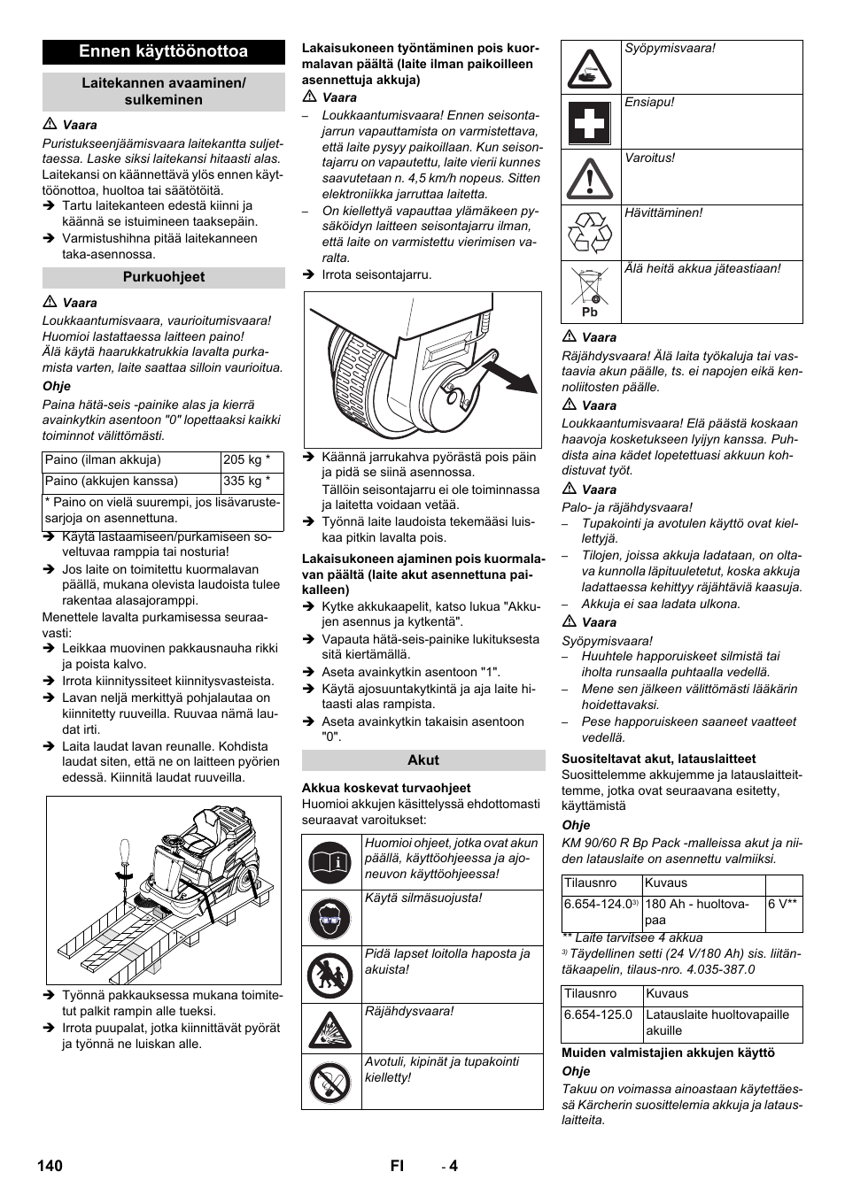 Ennen käyttöönottoa | Karcher KM 90-60 R Bp Pack Advanced User Manual | Page 140 / 376