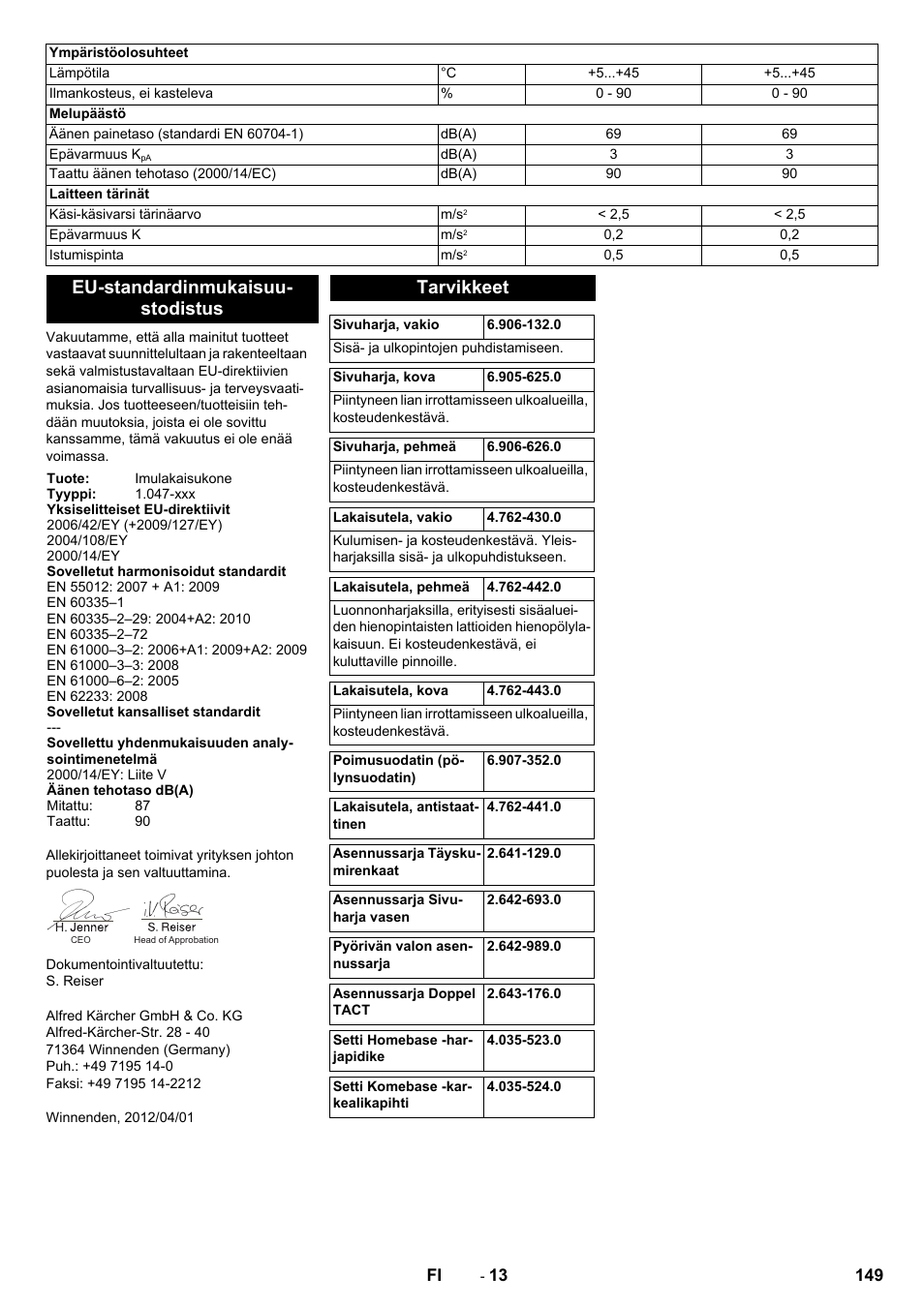 Eu-standardinmukaisuu- stodistus, Tarvikkeet | Karcher KM 90-60 R Bp Pack Advanced User Manual | Page 149 / 376