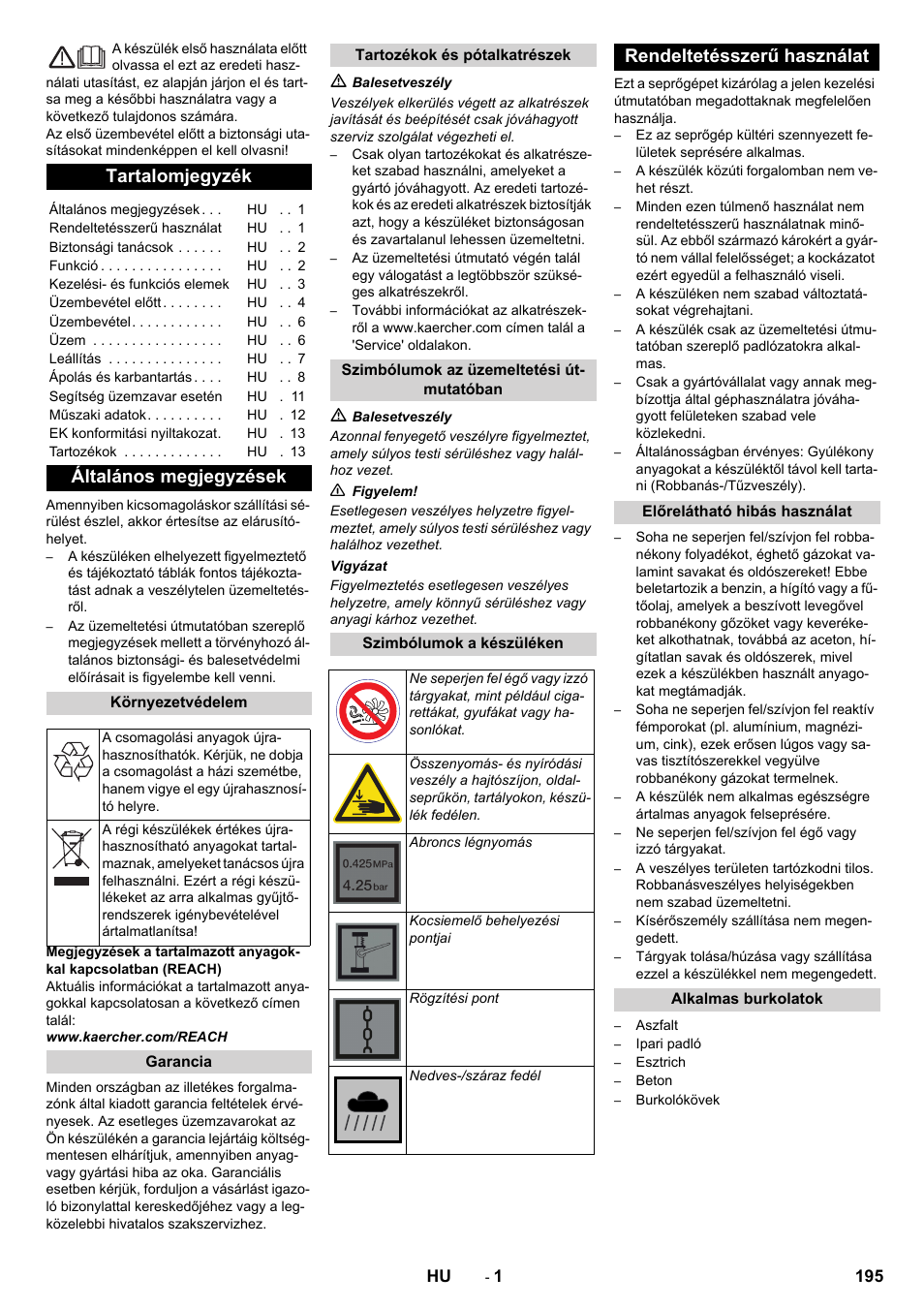 Magyar, Tartalomjegyzék, Általános megjegyzések | Rendeltetésszerű használat | Karcher KM 90-60 R Bp Pack Advanced User Manual | Page 195 / 376