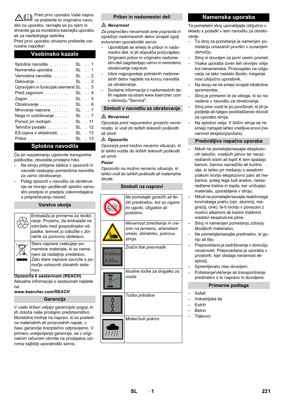 Slovenščina, Vsebinsko kazalo, Splošna navodila | Namenska uporaba | Karcher KM 90-60 R Bp Pack Advanced User Manual | Page 221 / 376