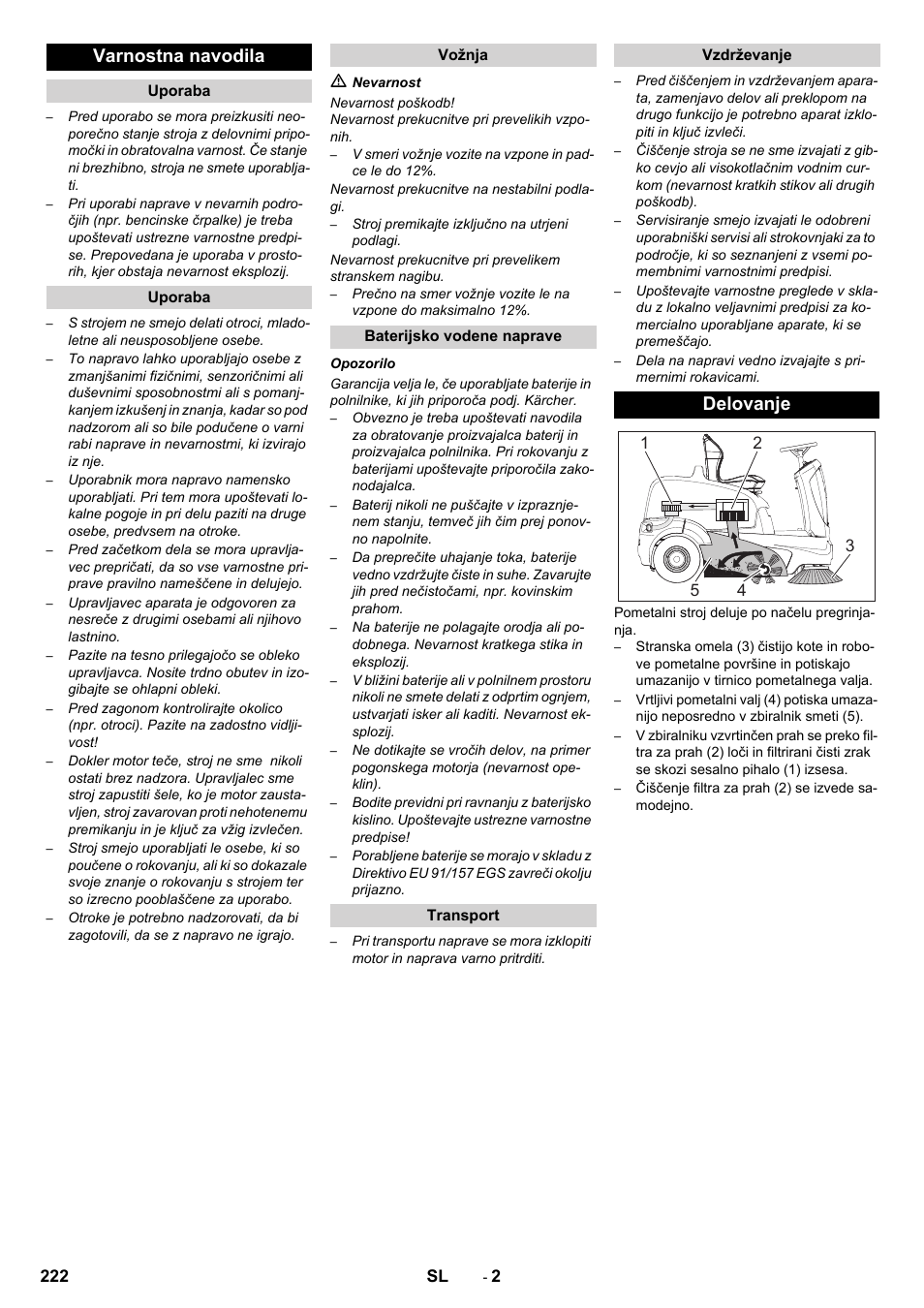 Varnostna navodila, Delovanje | Karcher KM 90-60 R Bp Pack Advanced User Manual | Page 222 / 376