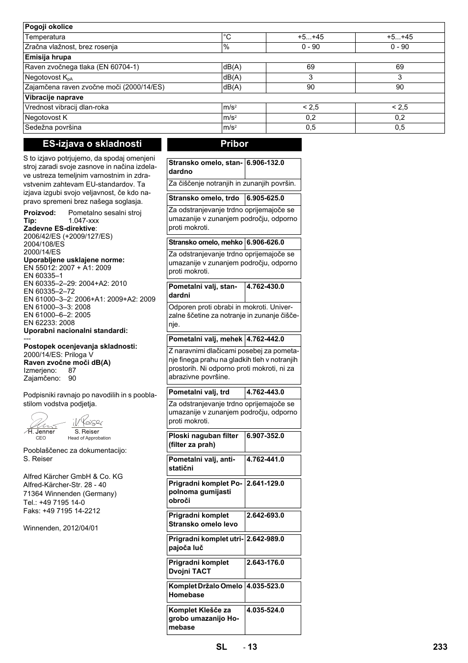 Es-izjava o skladnosti, Pribor | Karcher KM 90-60 R Bp Pack Advanced User Manual | Page 233 / 376